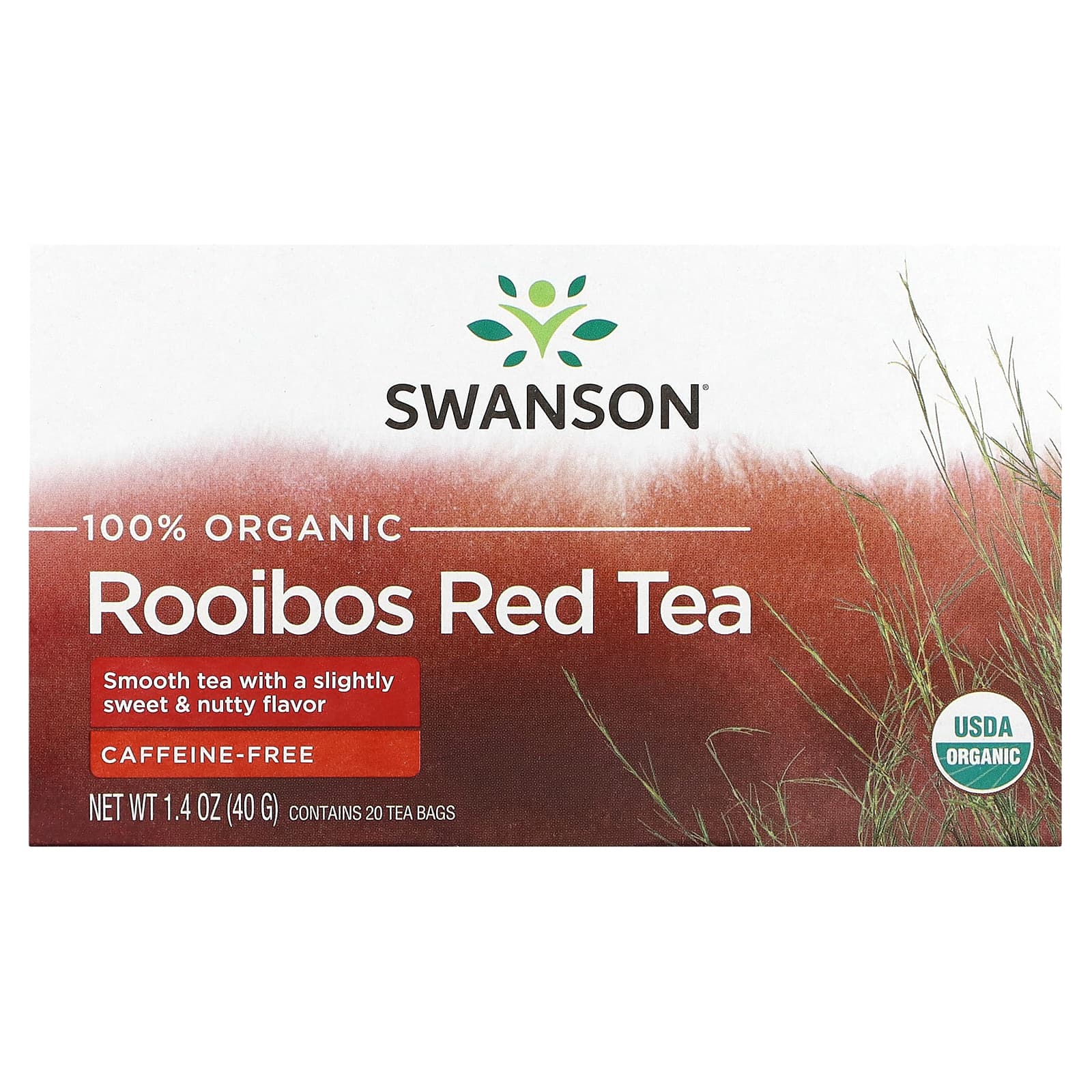 Swanson, 100% Organic Rooibos Red Tea, Caffeine-Free, 20 Tea Bags, 1.4 oz (40 g) - Image 1