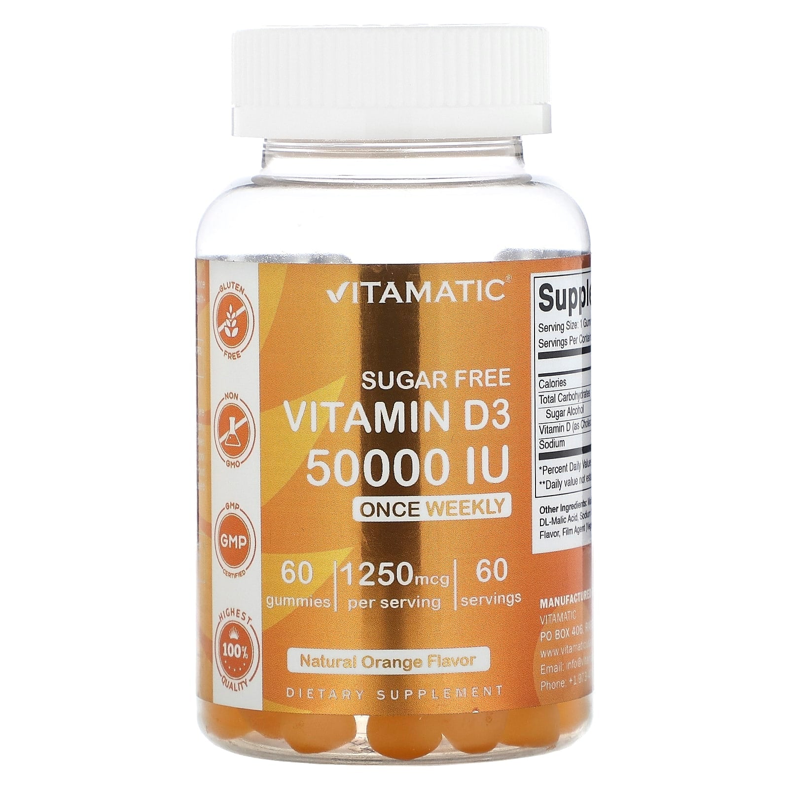 Vitamatic, Sugar Free Vitamin D3, Natural Orange, 50,000 IU, 60 Gummies - Image 1