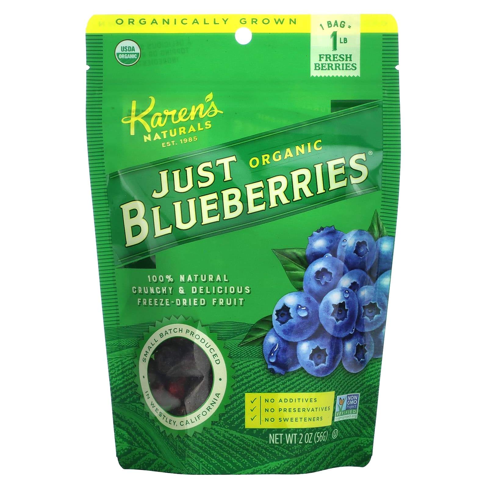 Karen's Naturals, Organic Just Blueberries, Freeze-Dried Fruit, 2 oz (56 g) - Image 1