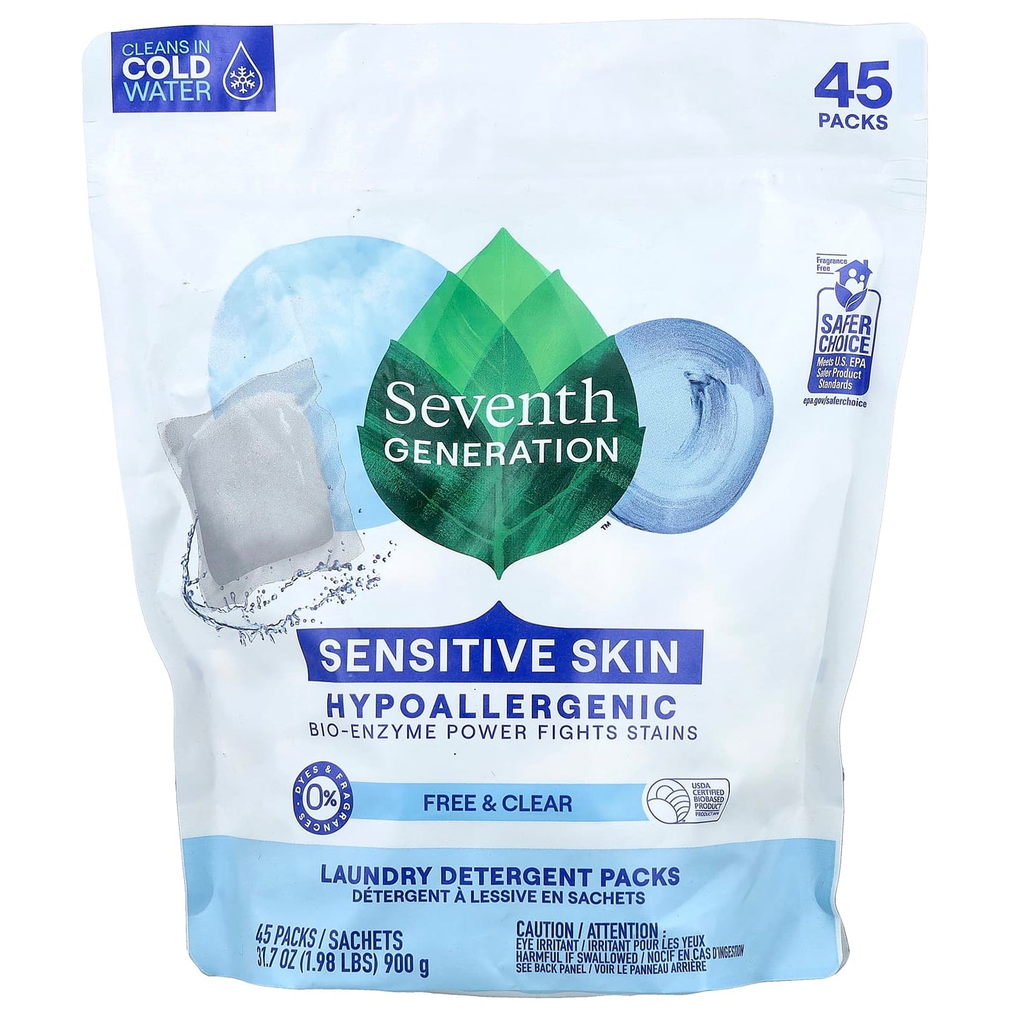 Seventh Generation, Laundry Detergent Packs, Free & Clear, Fragrance Free, 45 Packs, 1.98 lbs (900 g) - Image 1