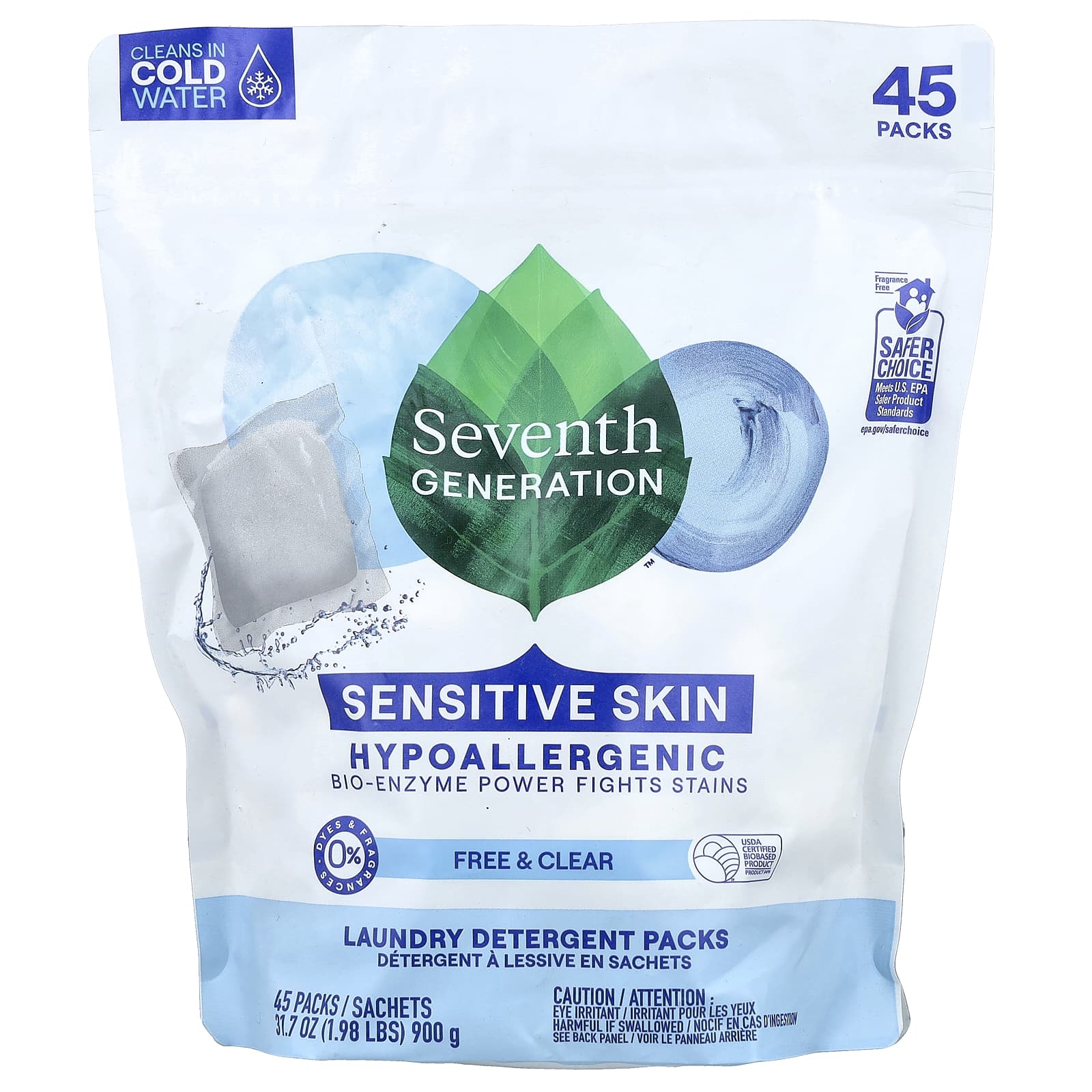 Seventh Generation, Laundry Detergent Packs, Free & Clear, Fragrance Free, 45 Packs, 1.98 lbs (900 g) - Image 1
