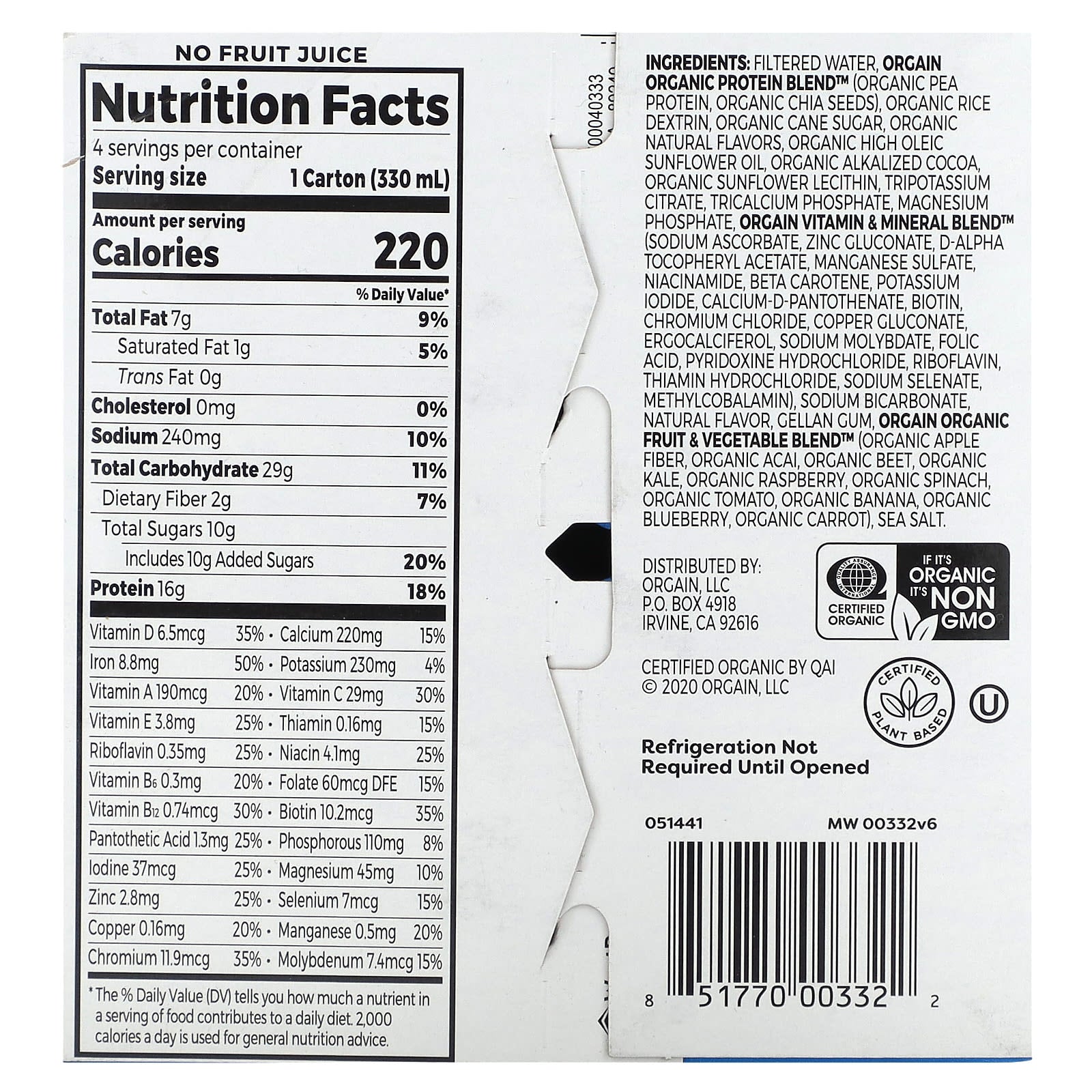 Orgain, Organic Nutrition, Nutritional Shake, Smooth Chocolate, 4 Pack, 11 fl oz (330 ml) Each - Image 2