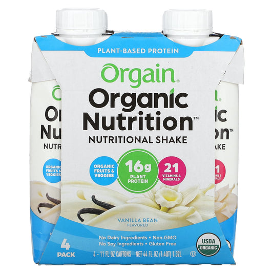 Orgain, Organic Nutrition, Nutritional Shake,  Vanilla Bean, 4 Pack, 11 fl oz (330 ml) Each - Image 1