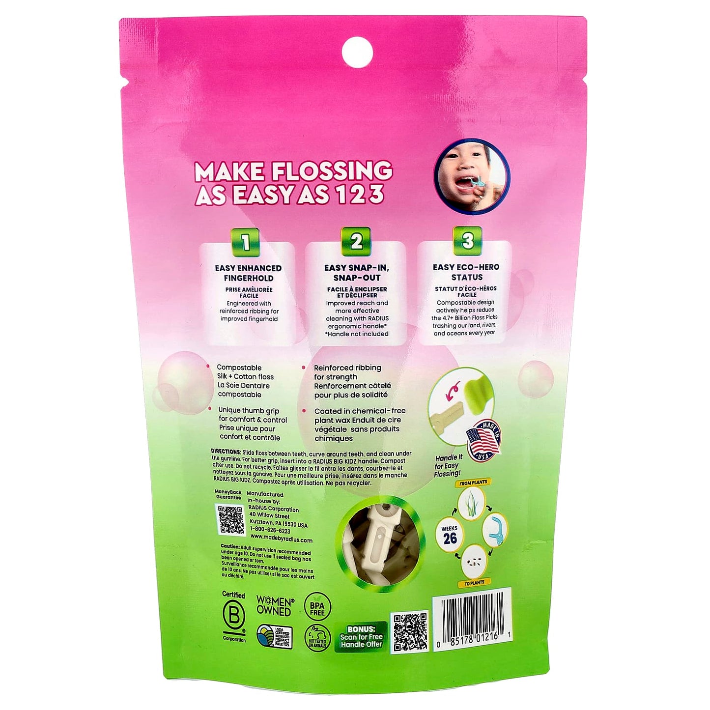 RADIUS, Kids, EcoFlex Floss Picks, Bubblegum, 50 Compostable Floss Picks - Image 2