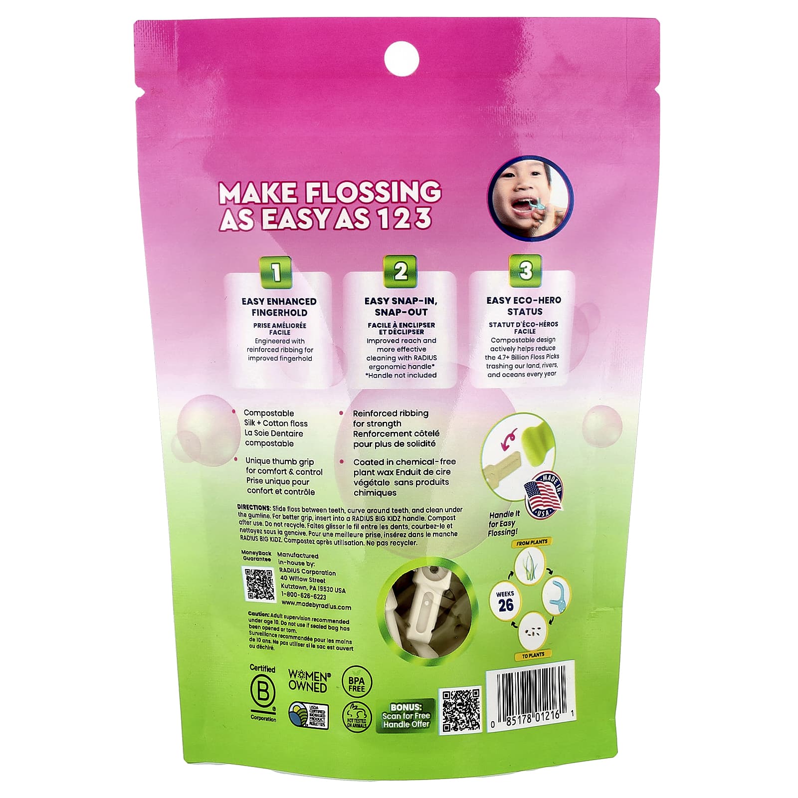 RADIUS, Kids, EcoFlex Floss Picks, Bubblegum, 50 Compostable Floss Picks - Image 2