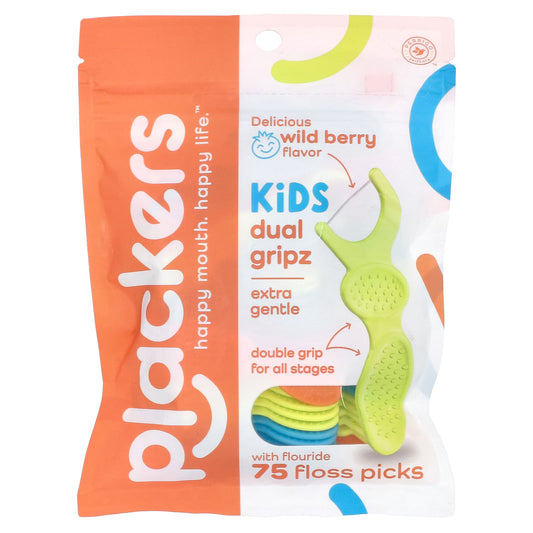 Plackers, Kid's Dual Gripz, Extra Gentle with Fluoride, Wild Berry, 75 Floss Picks - Image 1