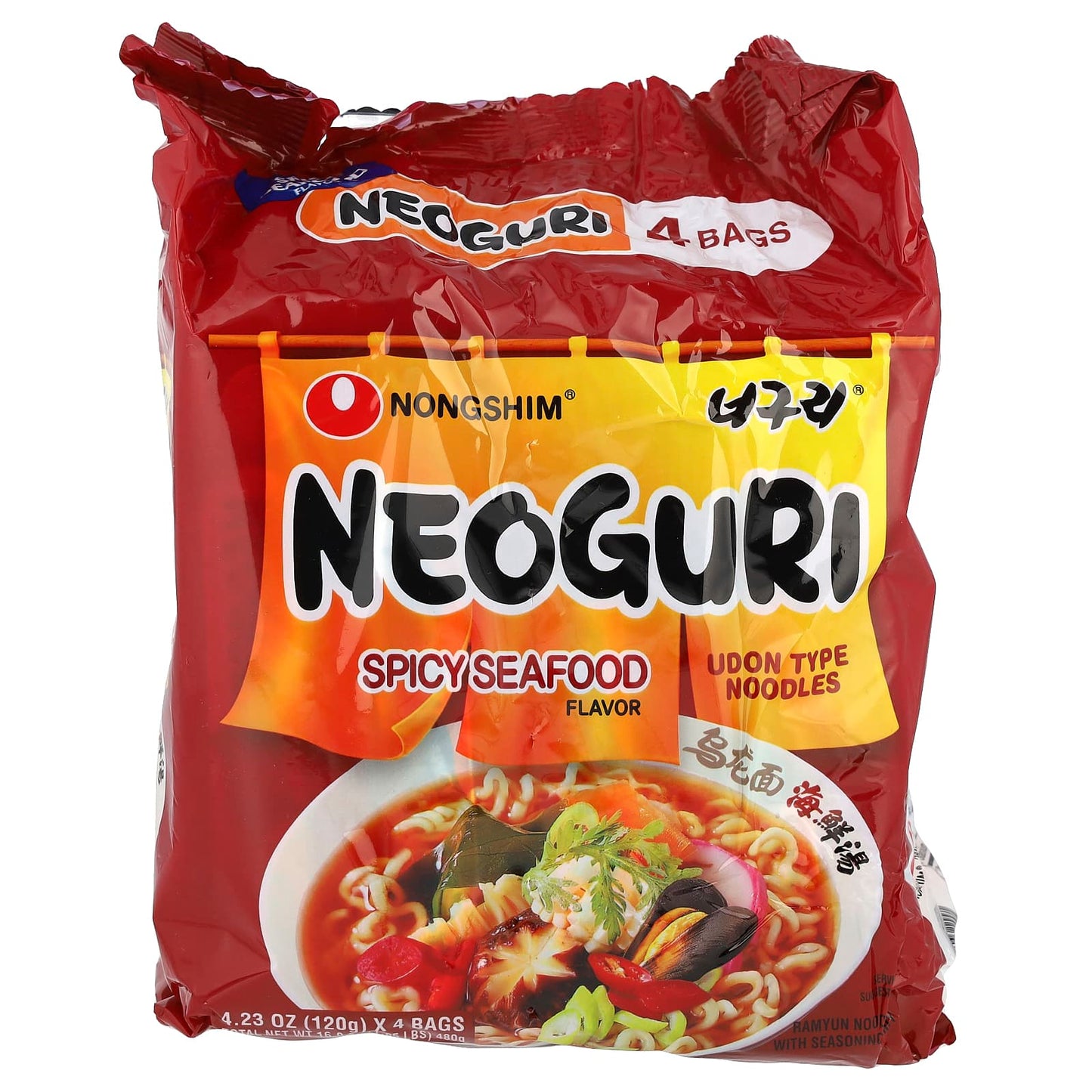 Nongshim, Neoguri, Udon Type Noodles, Spicy Seafood, 4 Bags, 4.23 oz (120 g) Each - Image 1