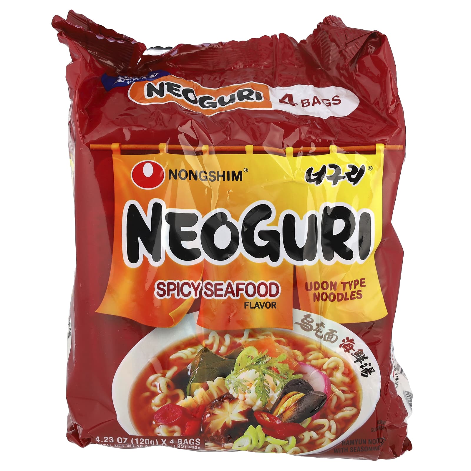 Nongshim, Neoguri, Udon Type Noodles, Spicy Seafood, 4 Bags, 4.23 oz (120 g) Each - Image 1