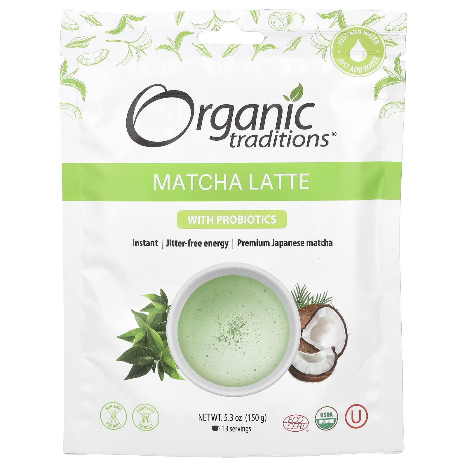 Organic Traditions, Matcha Latte with Probiotics, 5.3 oz (150 g) - Image 1
