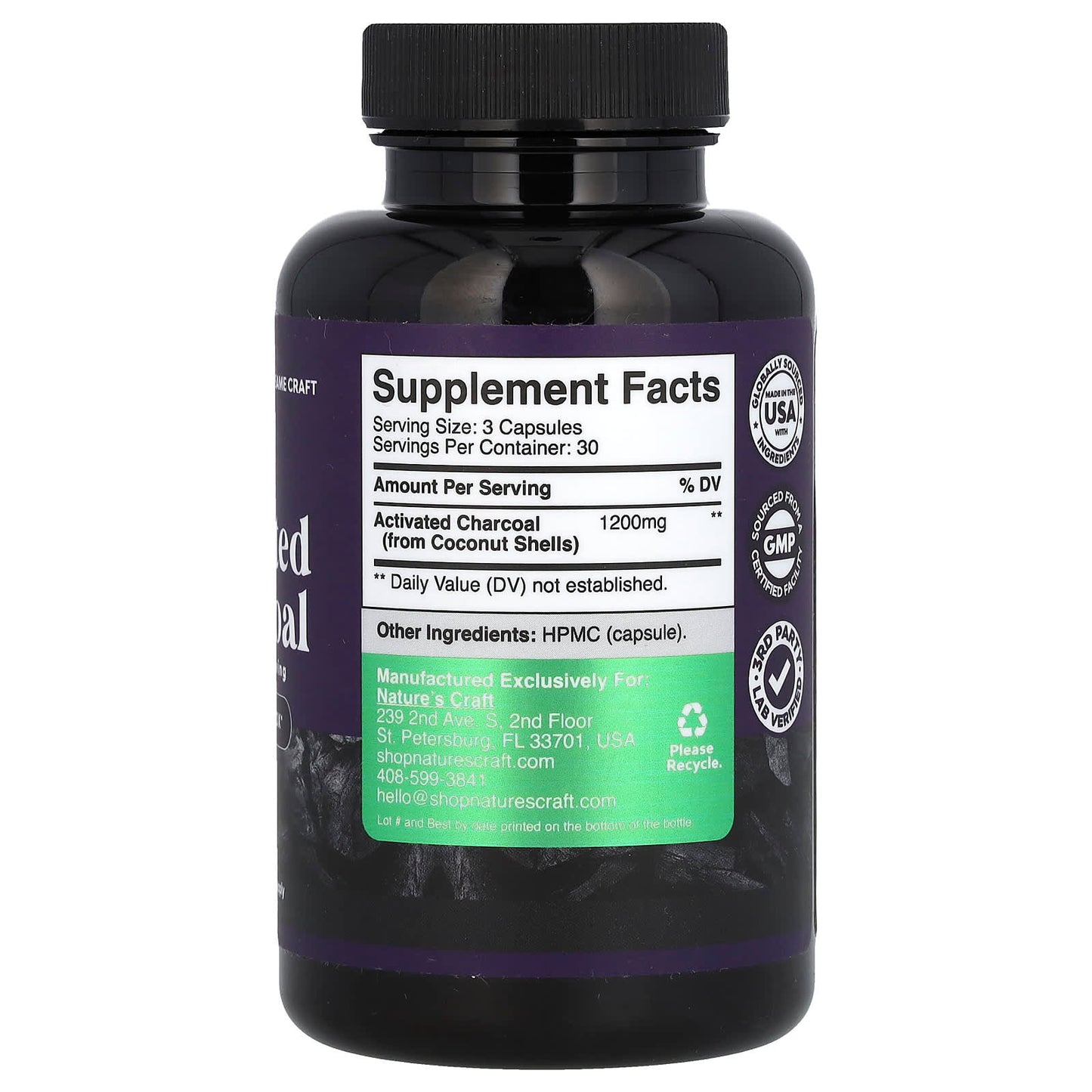Nature's Craft, Activated Charcoal, 90 Capsules (400 mg per Capsule) - Image 2
