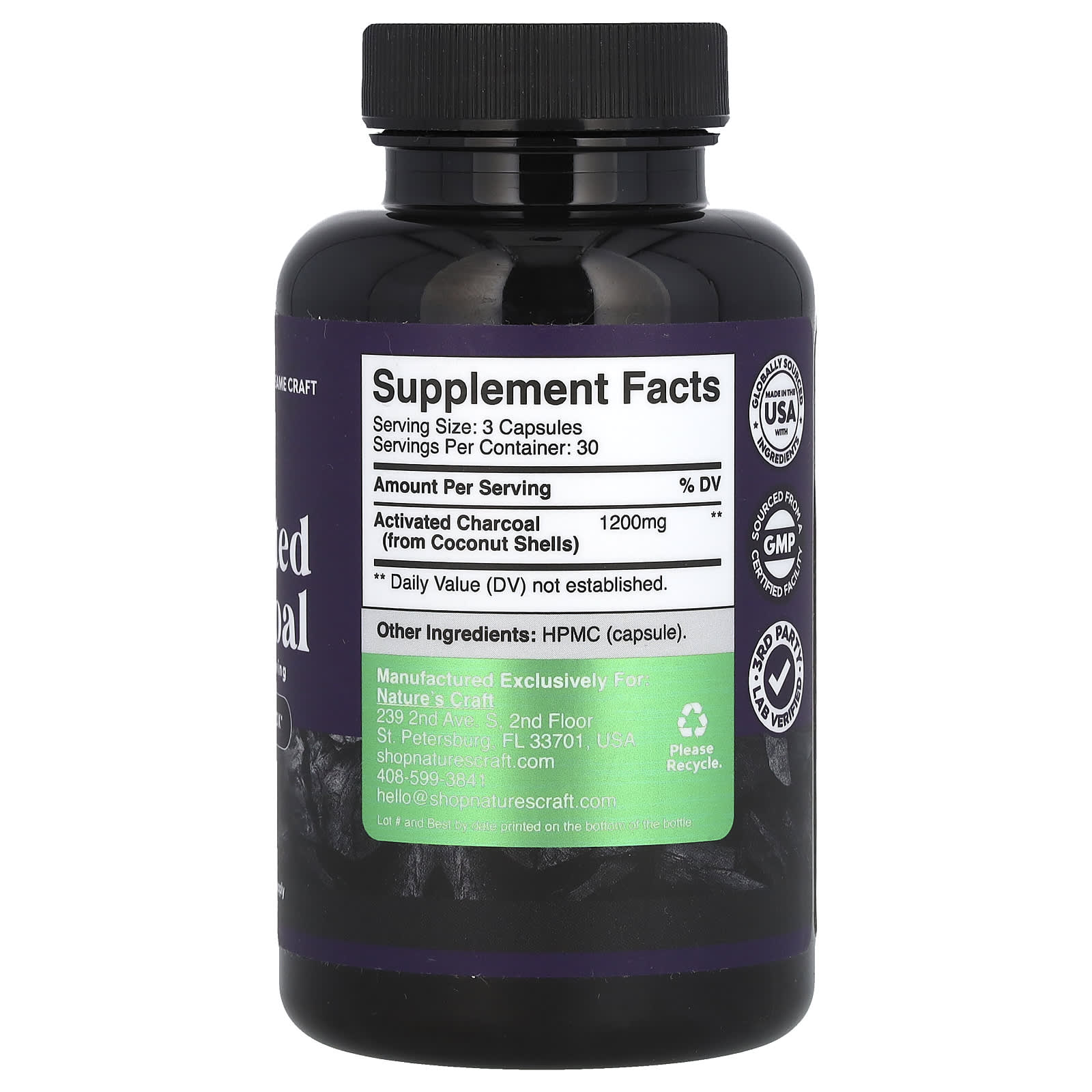 Nature's Craft, Activated Charcoal, 90 Capsules (400 mg per Capsule) - Image 2