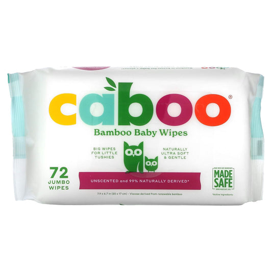 Caboo Bamboo Baby Wipes Unscented 72 Jumbo Wipes - Plastic Free & Gentle - Image 1