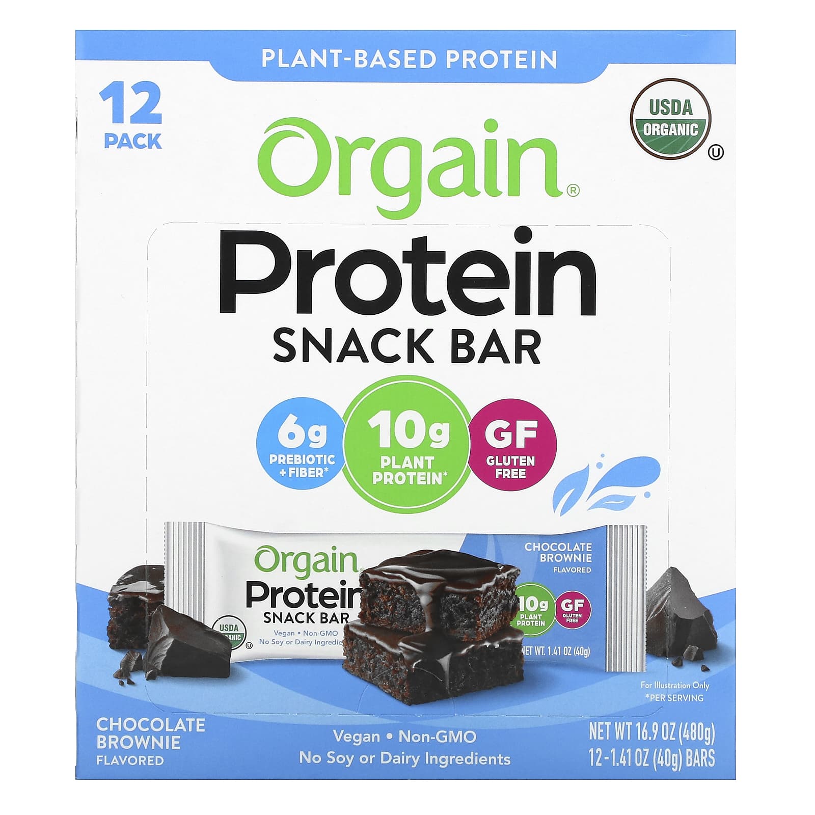 Orgain, Protein Snack Bar, Chocolate Brownie, 12 Bars, 1.41 oz (40 g) Each - Image 1