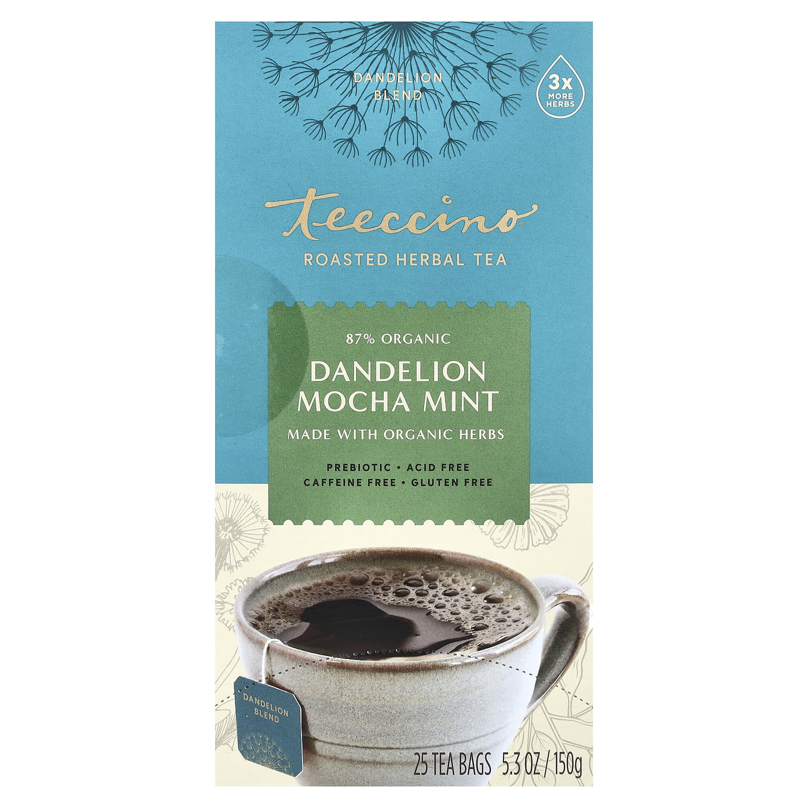 Teeccino, Roasted Herbal Tea, Dandelion Mocha Mint, Caffeine Free, 25 Tea Bags, 5.3 oz (150 g) - Image 1