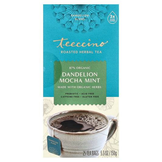 Teeccino, Roasted Herbal Tea, Dandelion Mocha Mint, Caffeine Free, 25 Tea Bags, 5.3 oz (150 g) - Image 1