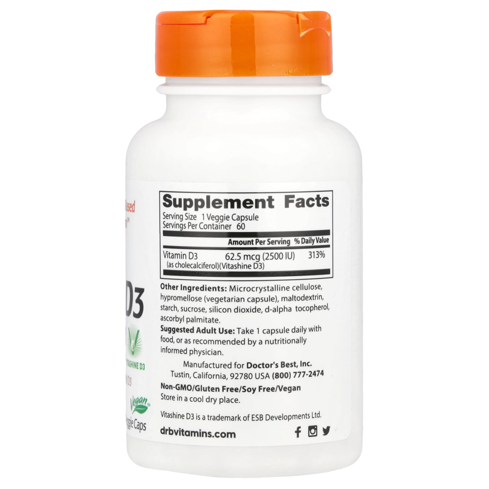 Doctor's Best Vegan D3 with Vitashine, 62.5 mcg (2,500 IU) - 60 Veggie Caps - Image 2