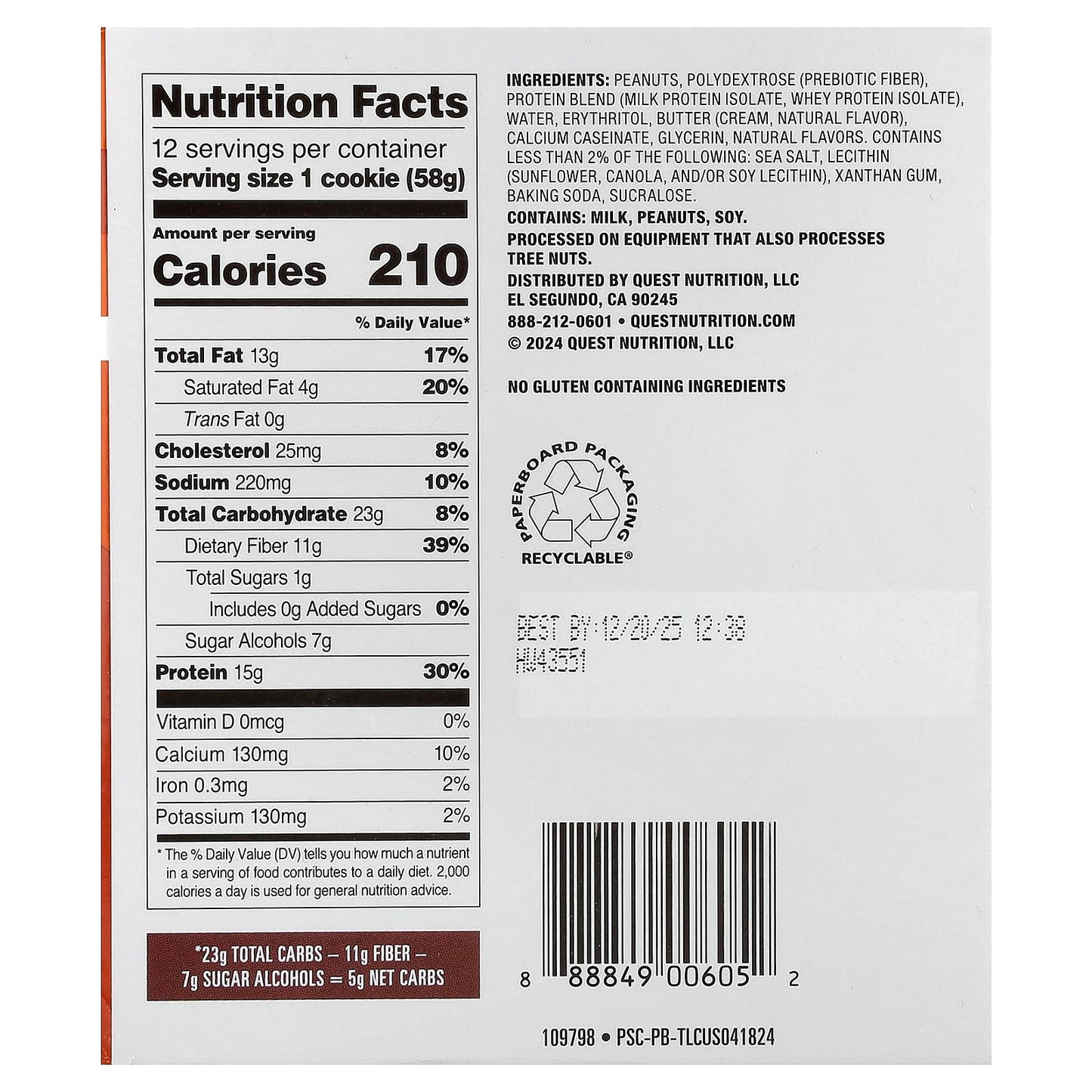 Quest Nutrition, Protein Cookie, Peanut Butter, 12 Cookies, 2.04 oz (58 g) Each - Image 2