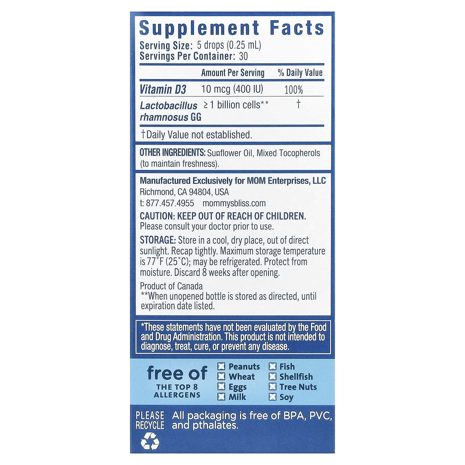 Mommy's Bliss, Baby Probiotic Drops + Vitamin D, Newborn+, 0.34 fl oz (10 ml) - Image 2