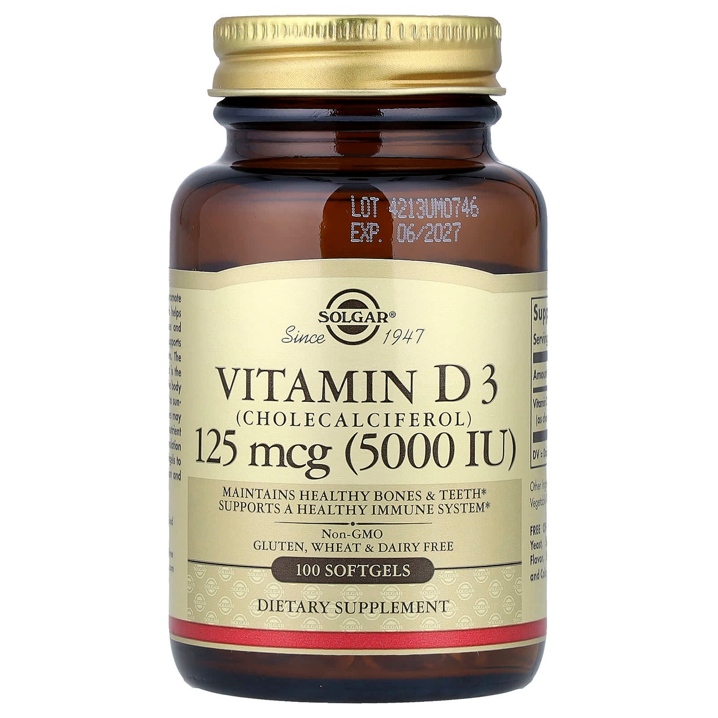 Solgar, Vitamin D3 (Cholecalciferol), 125 mcg (5,000 IU), 100 Softgels - Image 1