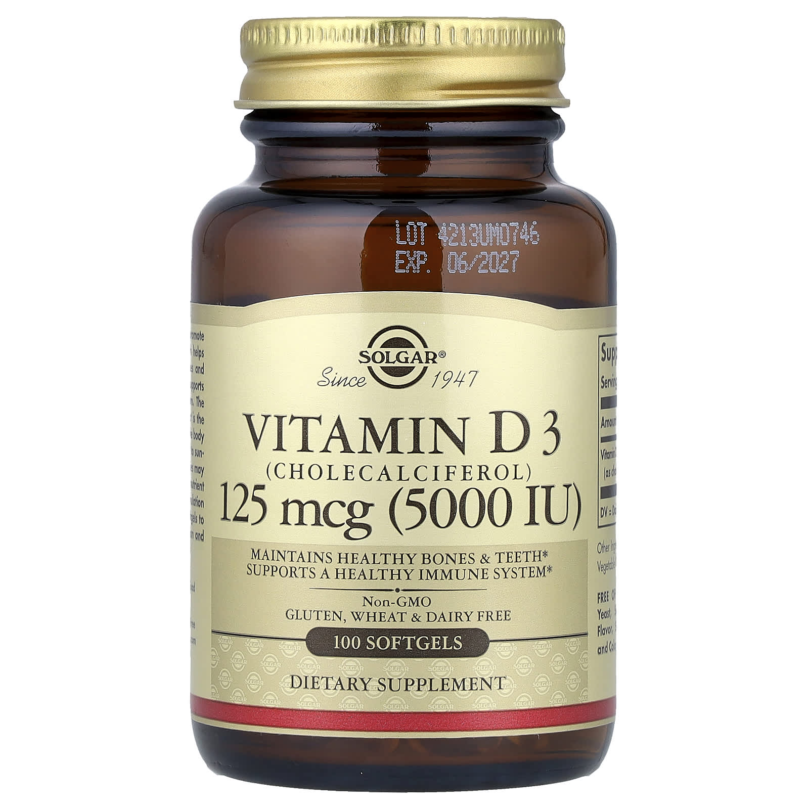 Solgar, Vitamin D3 (Cholecalciferol), 125 mcg (5,000 IU), 100 Softgels - Image 1