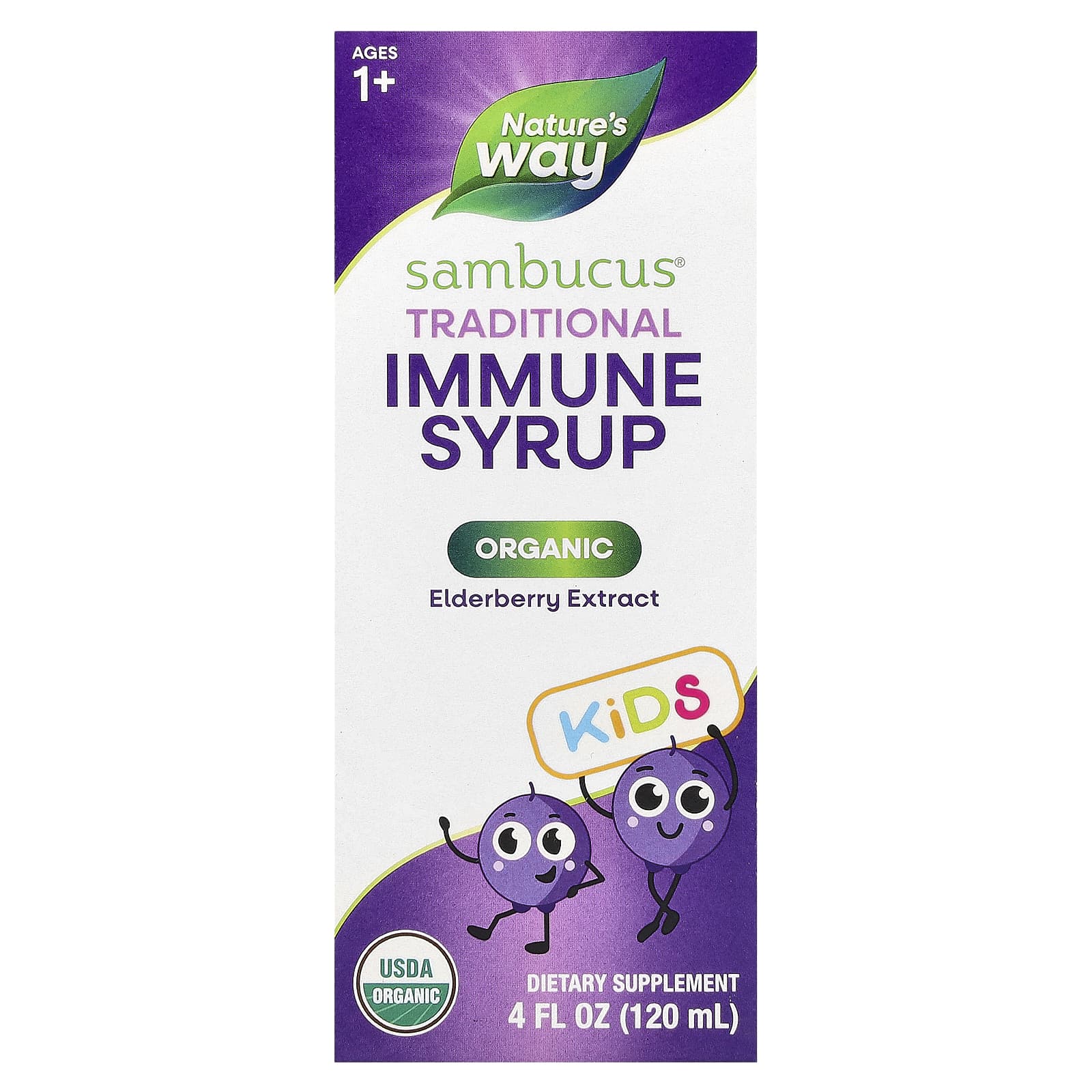 Nature's Way, Kids Sambucus®, Organic Traditional Immune Syrup, Ages 1+, 25 mg, 4 fl oz (120 ml) - Image 1