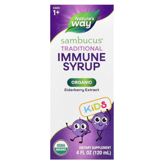 Nature's Way, Kids Sambucus®, Organic Traditional Immune Syrup, Ages 1+, 25 mg, 4 fl oz (120 ml) - Image 1