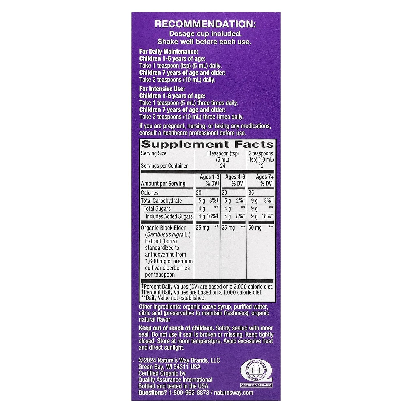 Nature's Way, Kids Sambucus®, Organic Traditional Immune Syrup, Ages 1+, 25 mg, 4 fl oz (120 ml)
