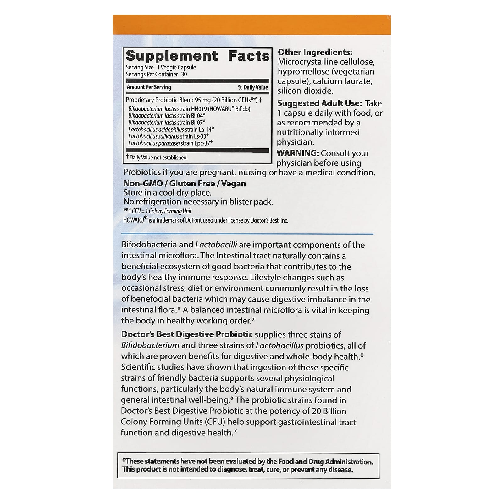Doctor's Best Digestive Probiotic 20 Billion CFU, 30 Veggie Capsules - Image 2