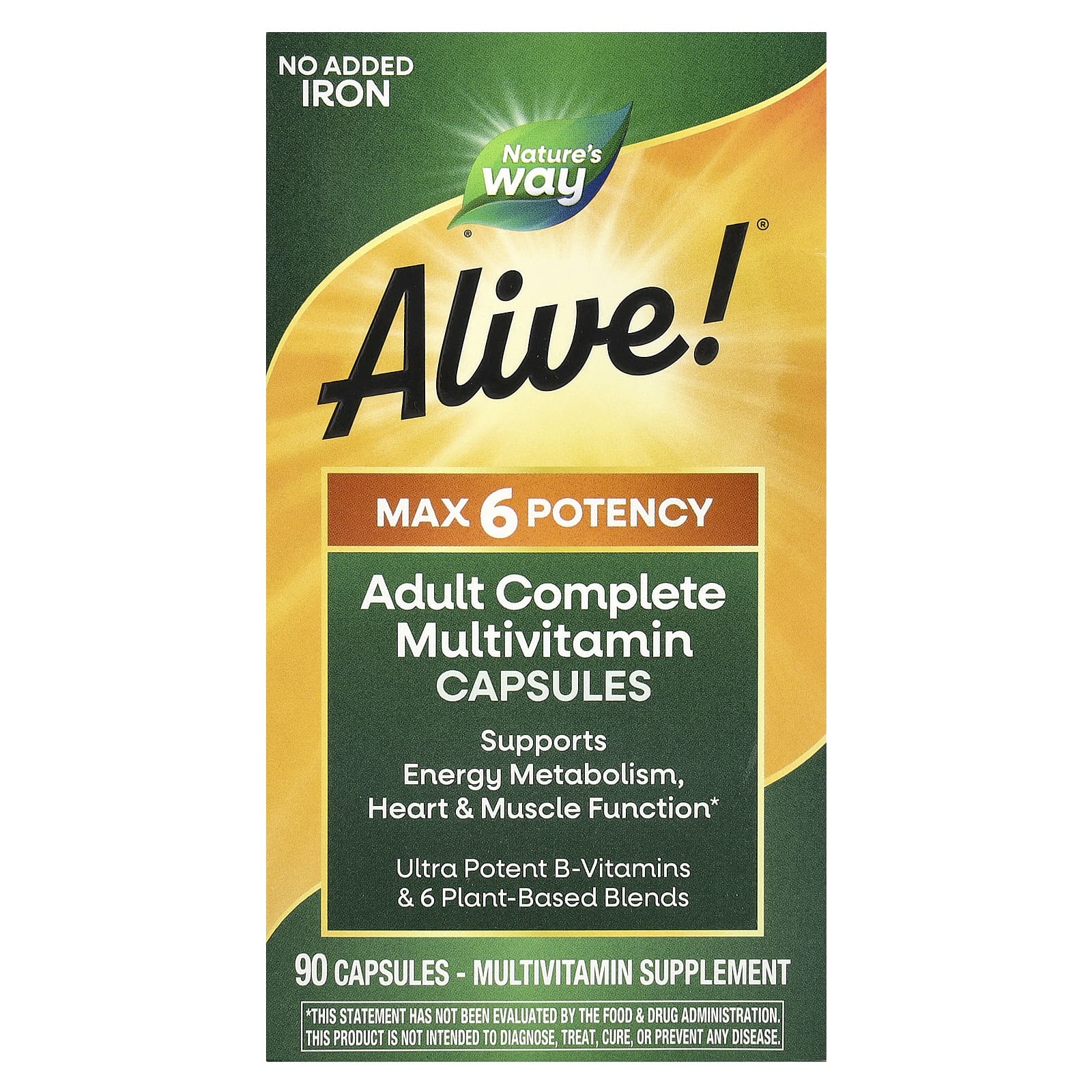 Nature's Way, Alive!® Max6 Potency, Adult Complete Multivitamin, No Added Iron, 90 Capsules - Image 1