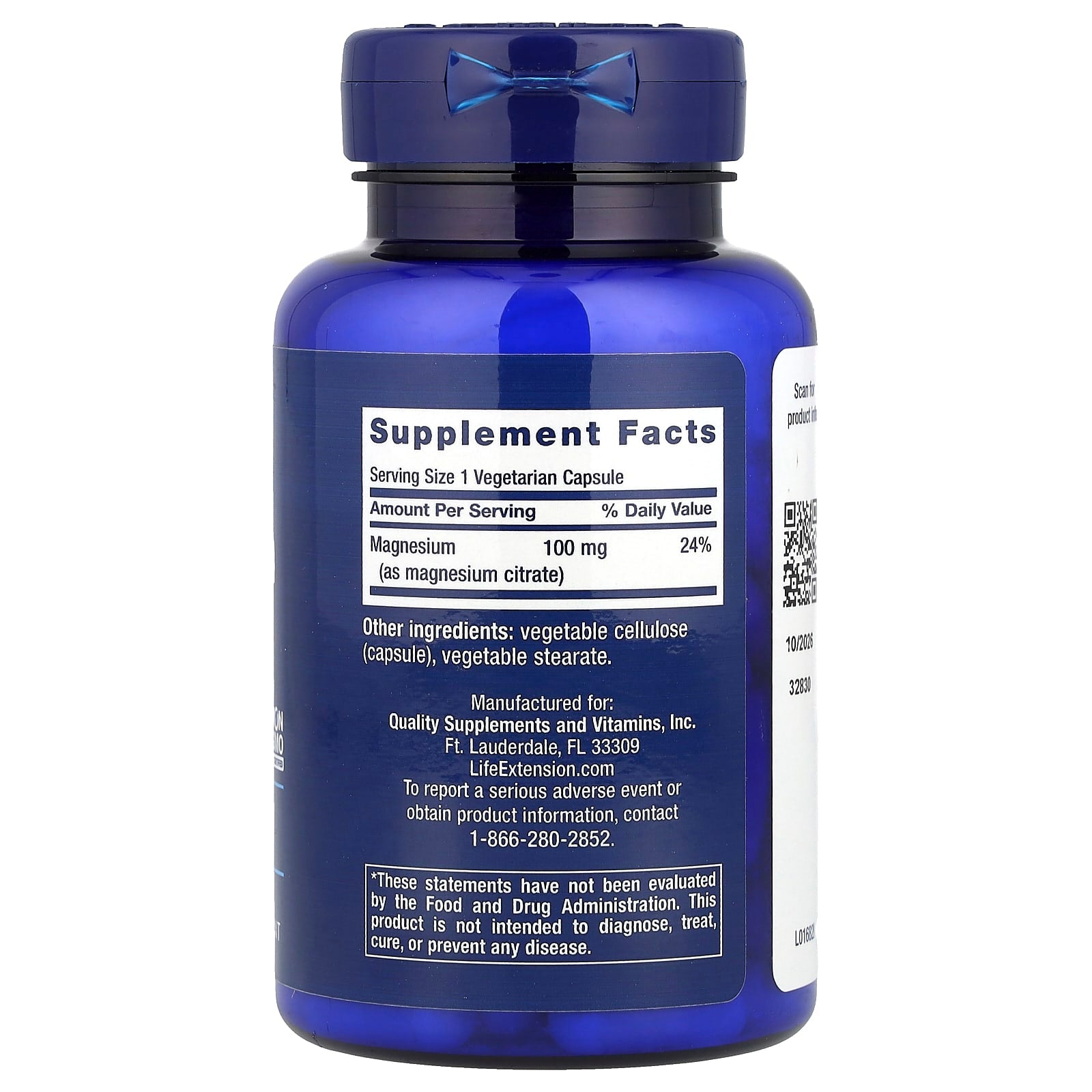 Life Extension, Magnesium (Citrate), 100 mg, 100 Vegetarian Capsules - Image 2