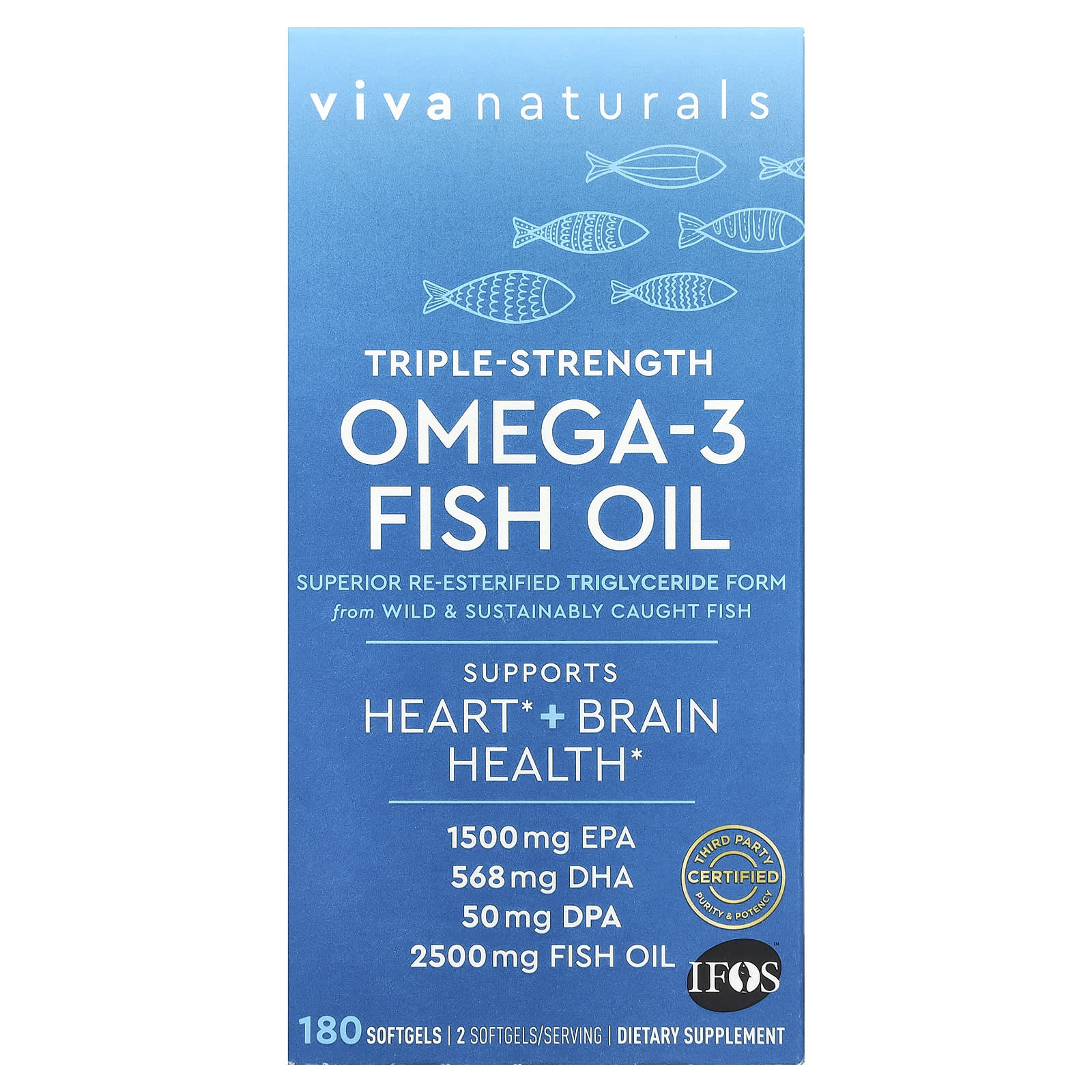 Viva Naturals, Omega-3 Fish Oil, Triple-Strength, 180 Softgels (1,250 mg per Softgel) - Image 1