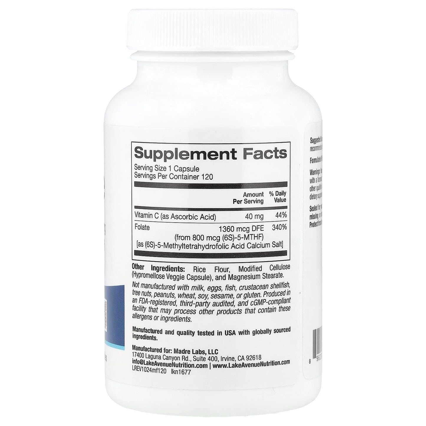 Vegan Folate &amp; Vitamin C Supplements by Lake Avenue Nutrition - 120 Capsules - Image 2