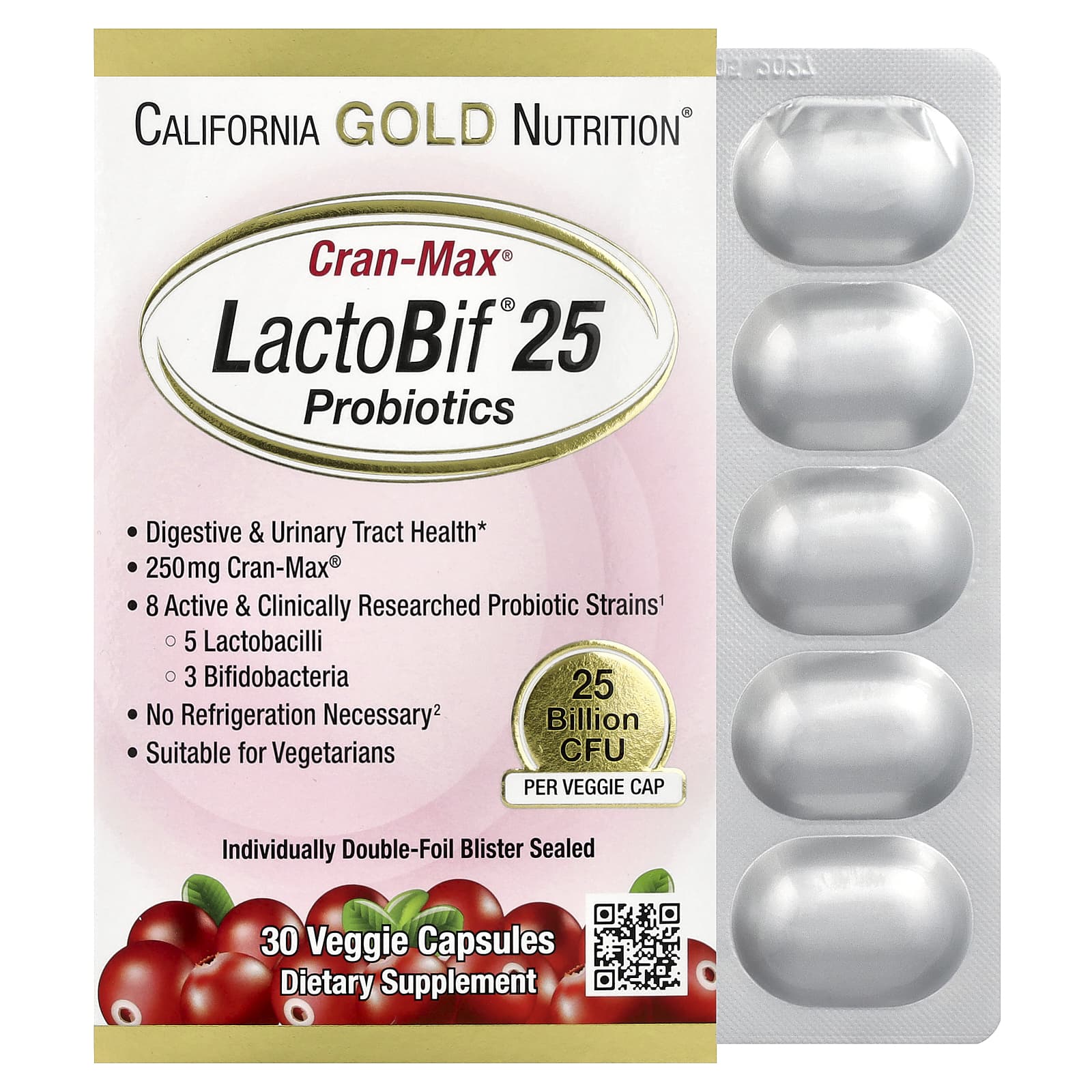 Cranberry Probiotics for Digestive Health - 25B CFU, 30 Capsules - Image 1