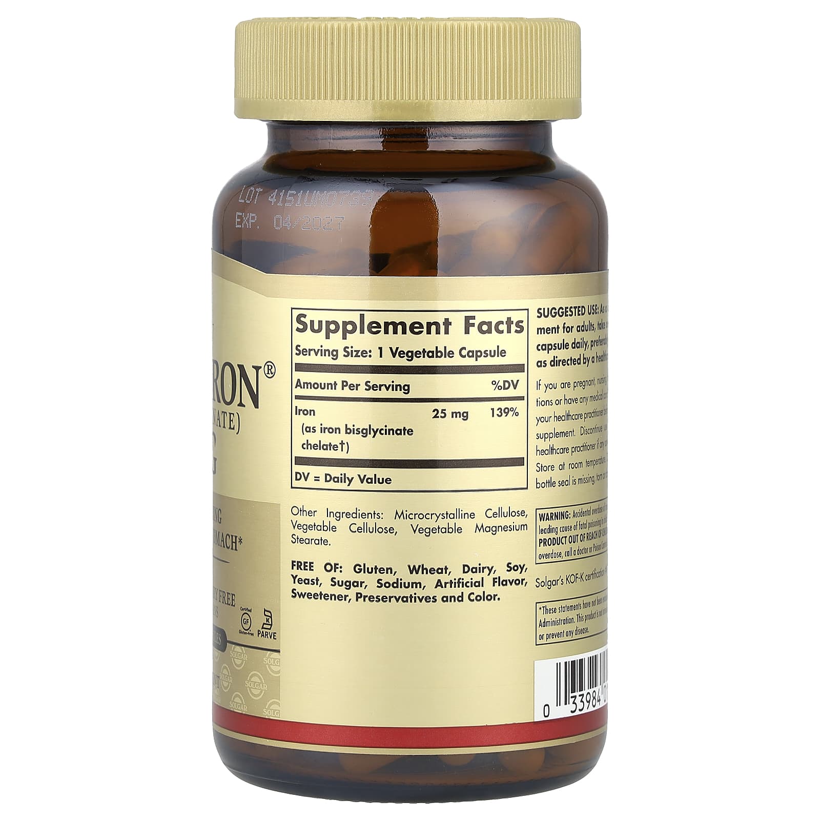 Solgar, Gentle Iron®, 25 mg, 180 Vegetable Capsules - Image 2