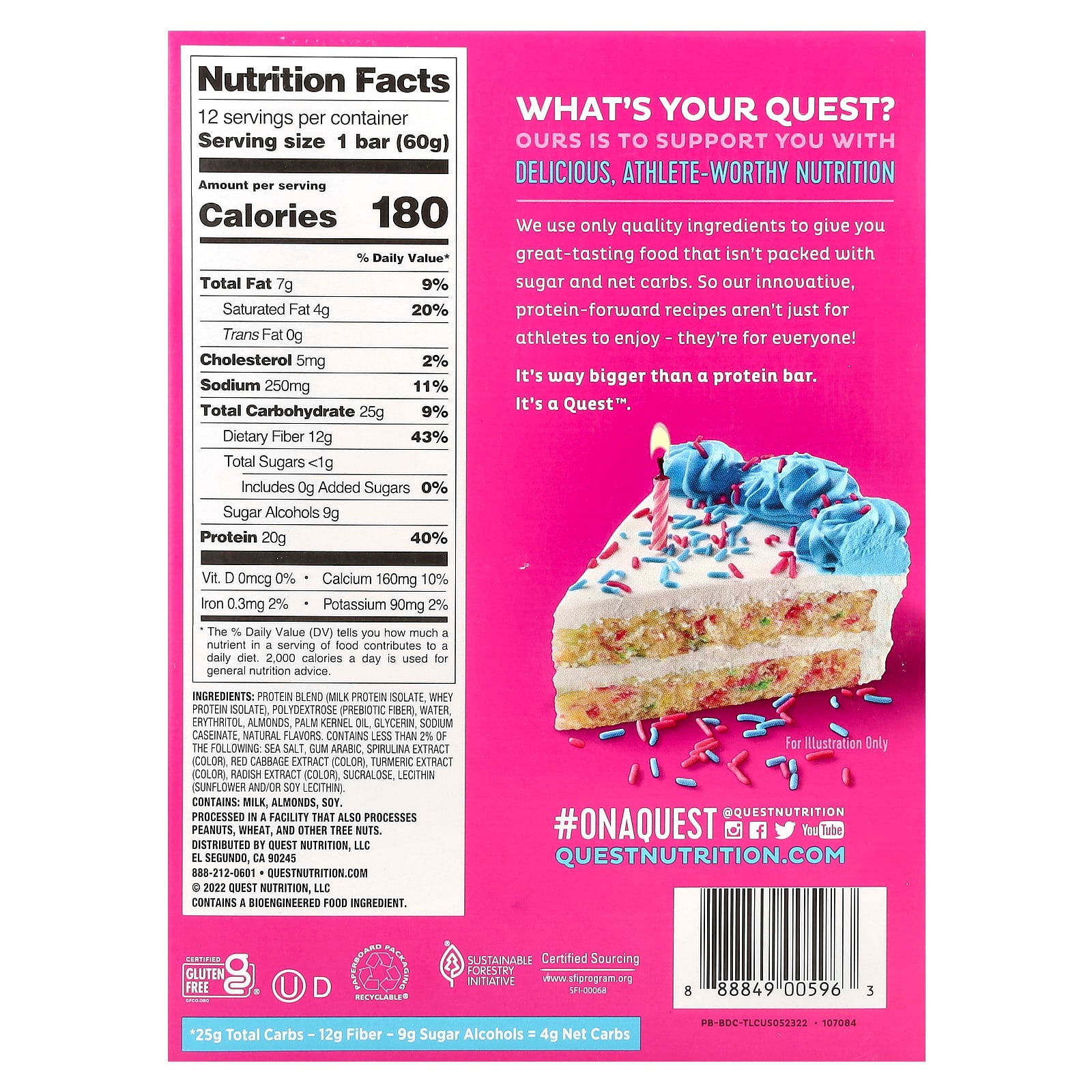 Quest Nutrition, Protein Bar, Birthday Cake, 12 Bars, 2.12 oz (60 g) Each - Image 2