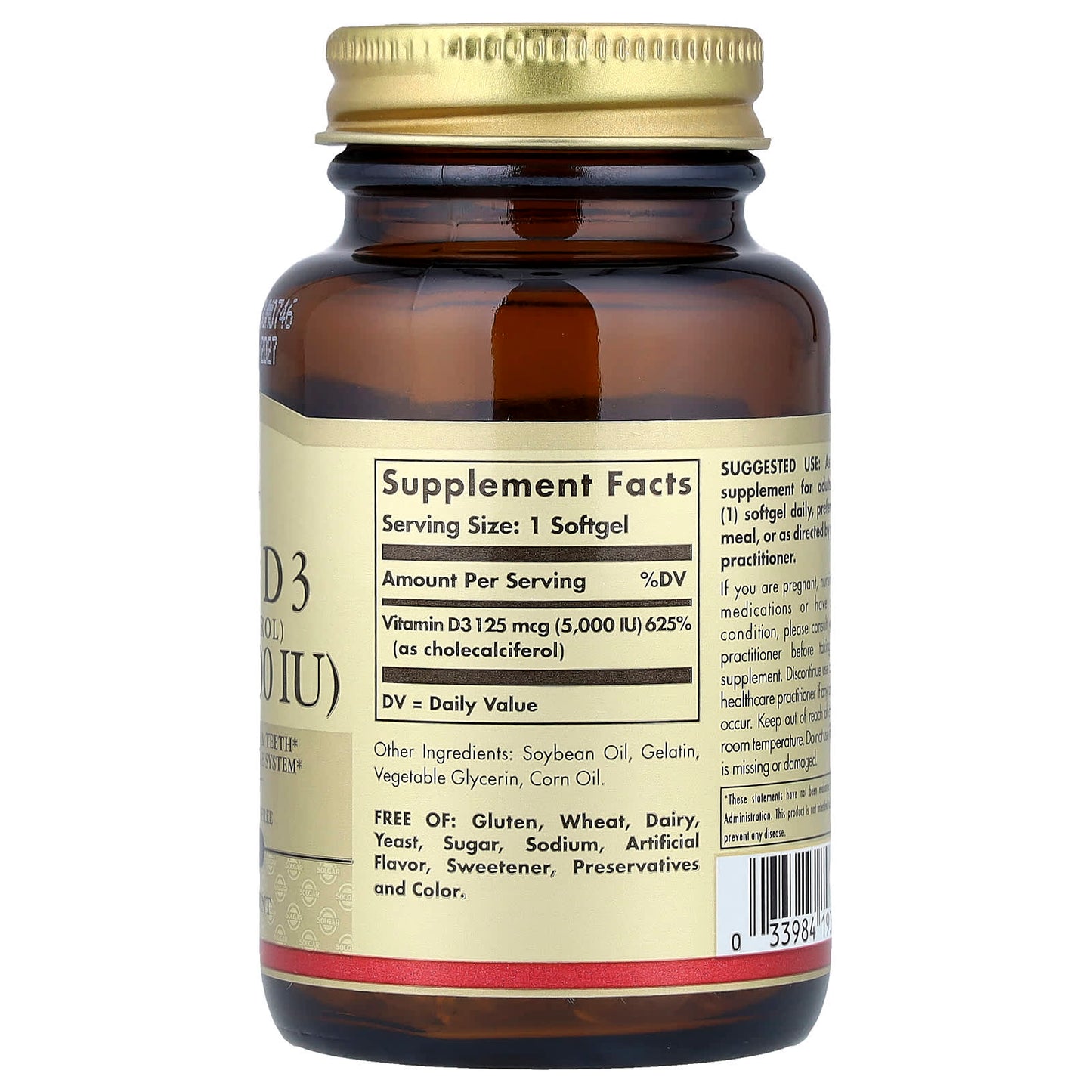 Solgar, Vitamin D3 (Cholecalciferol), 125 mcg (5,000 IU), 100 Softgels - Image 2