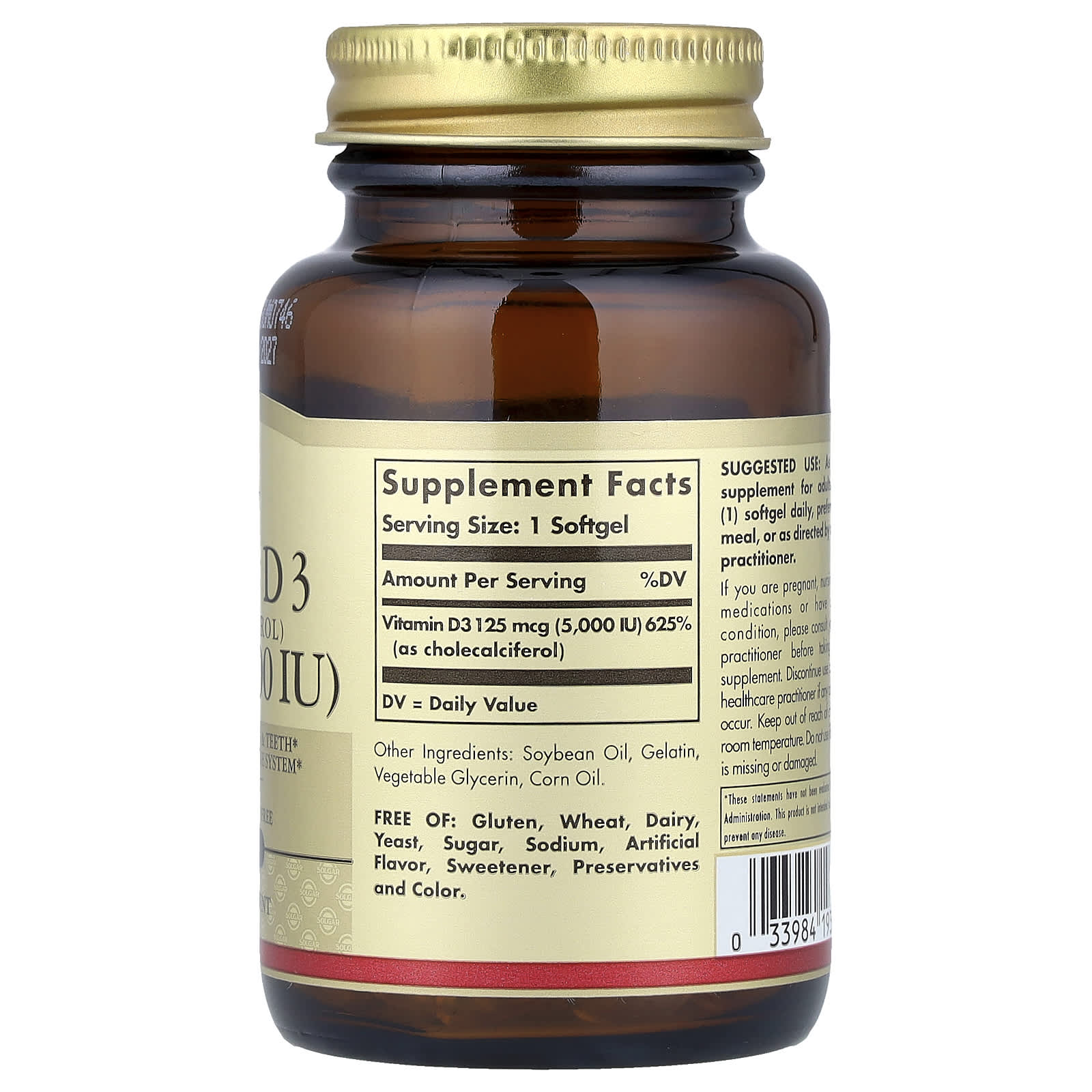 Solgar, Vitamin D3 (Cholecalciferol), 125 mcg (5,000 IU), 100 Softgels - Image 2