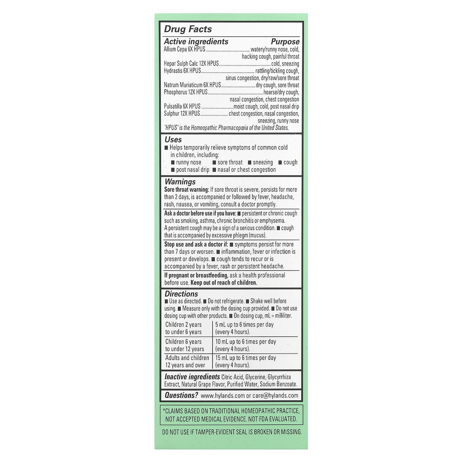 Hyland's Naturals, Kids, Cold & Cough, Daytime, Ages 2-12, Natural Grape, 4 fl oz (118 ml)