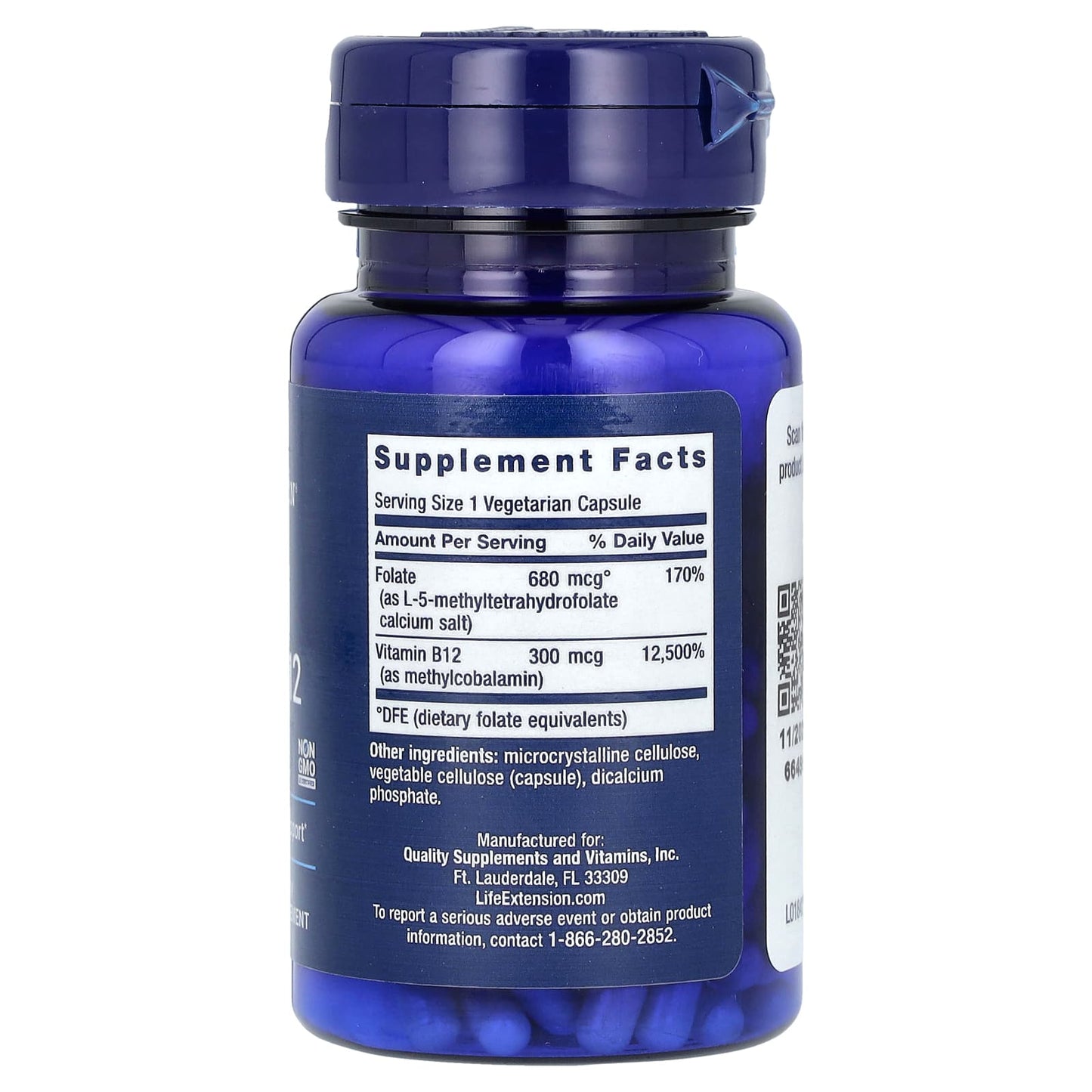Life Extension, BioActive, Folate & Vitamin B12, 90 Vegetarian Capsules - Image 2