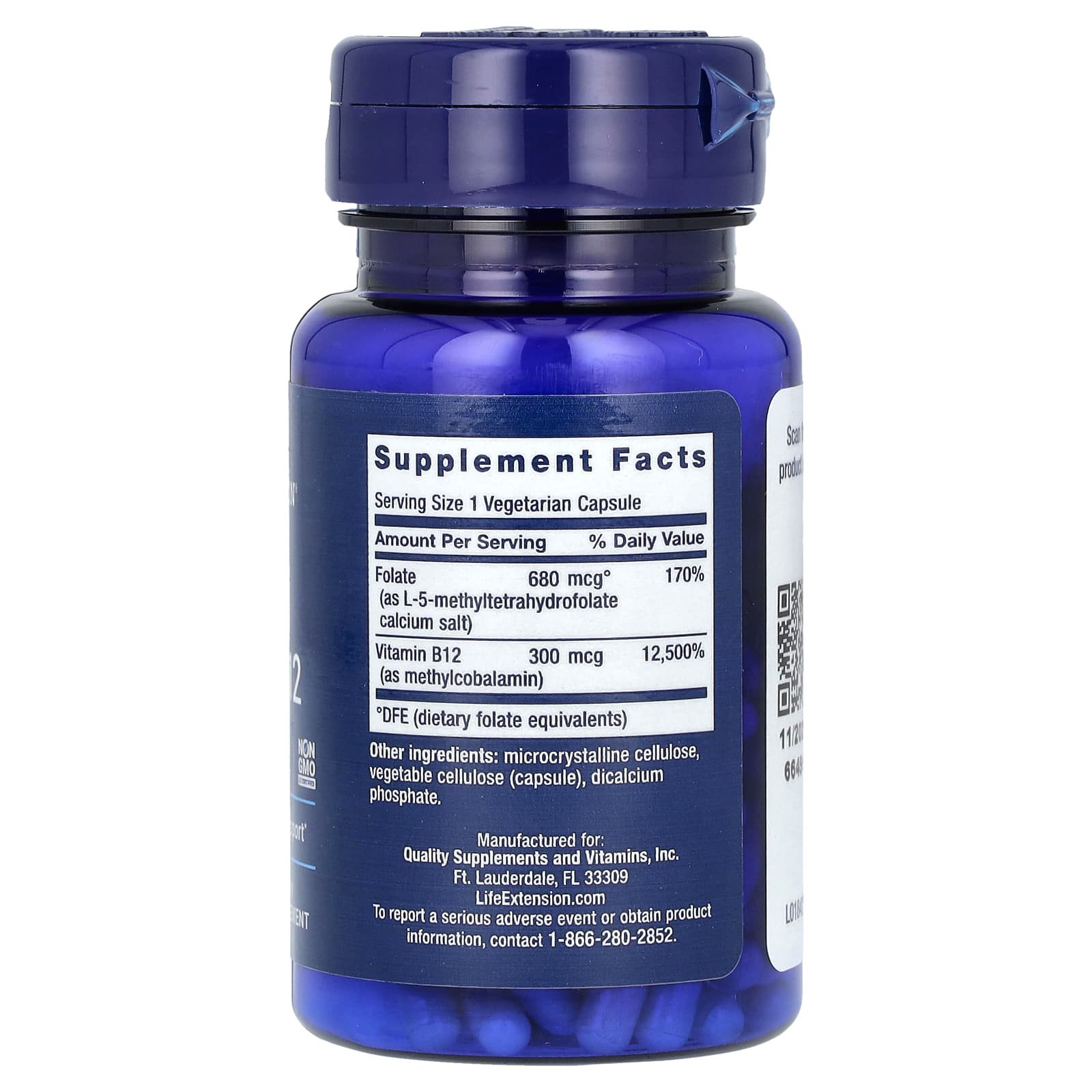 Life Extension, BioActive, Folate & Vitamin B12, 90 Vegetarian Capsules - Image 2