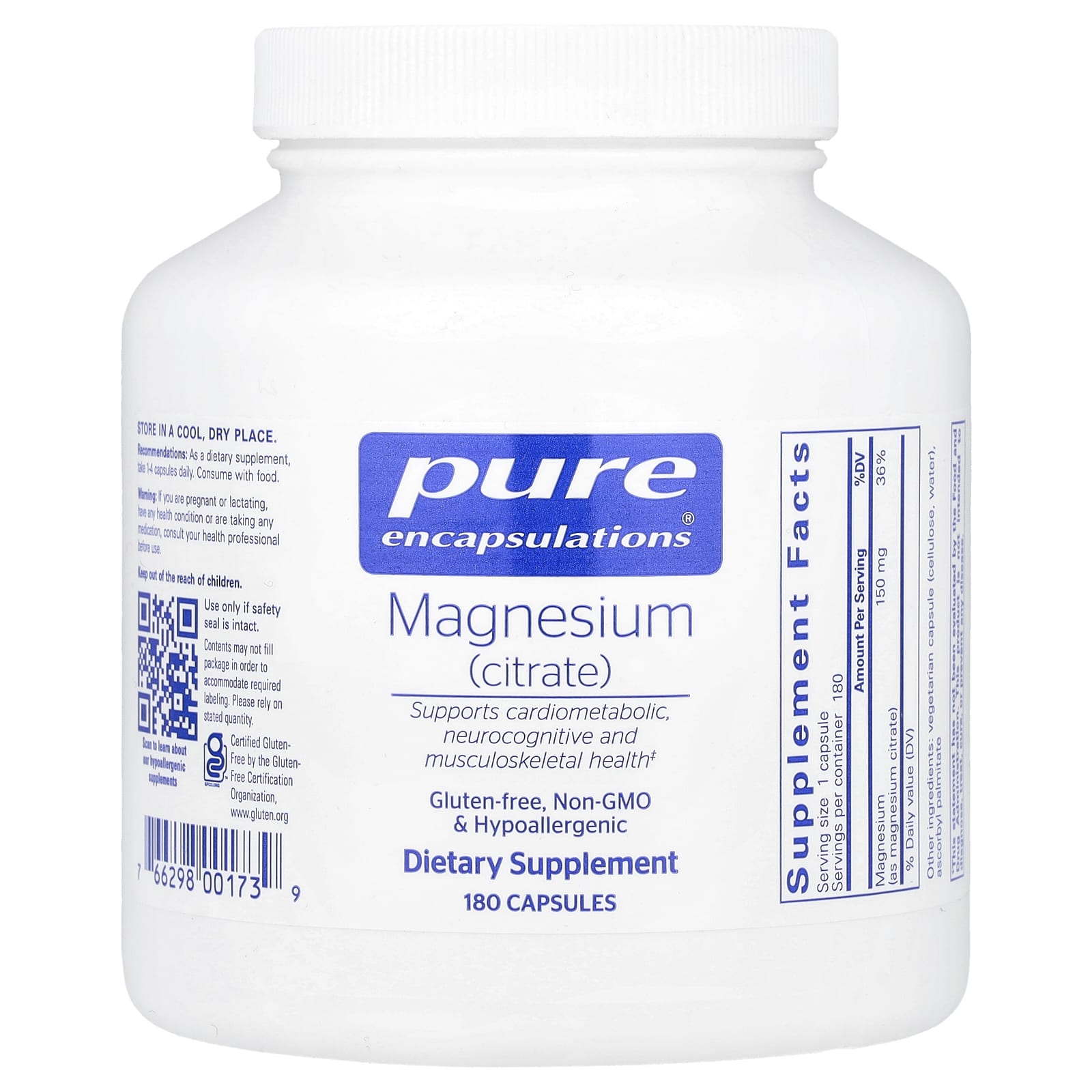 Pure Encapsulations, Magnesium (Citrate), 150 mg, 180 Capsules - Image 1