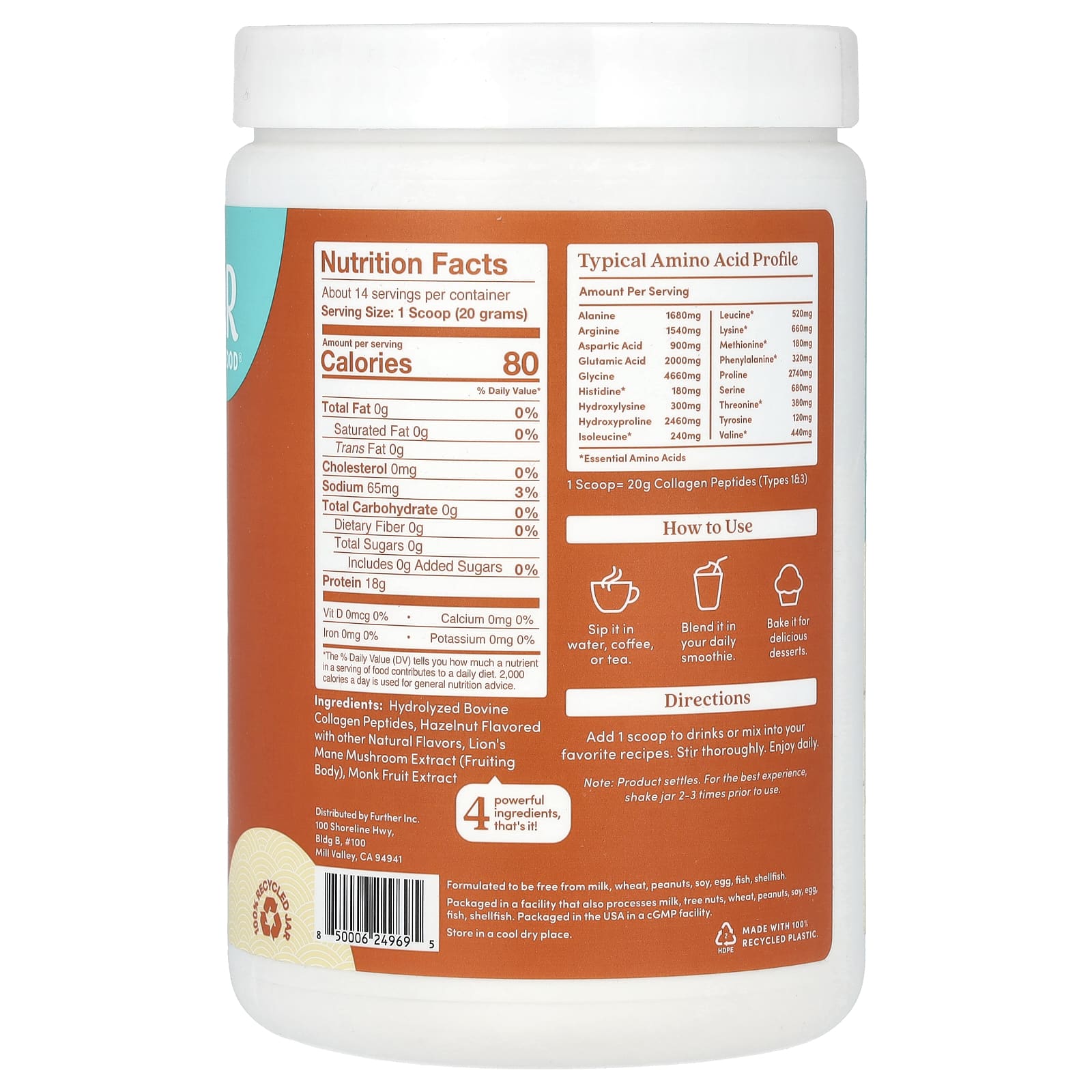 Further Food Grass-Fed Collagen Peptides + Lion's Mane, Hazelnut Flavor - Image 2