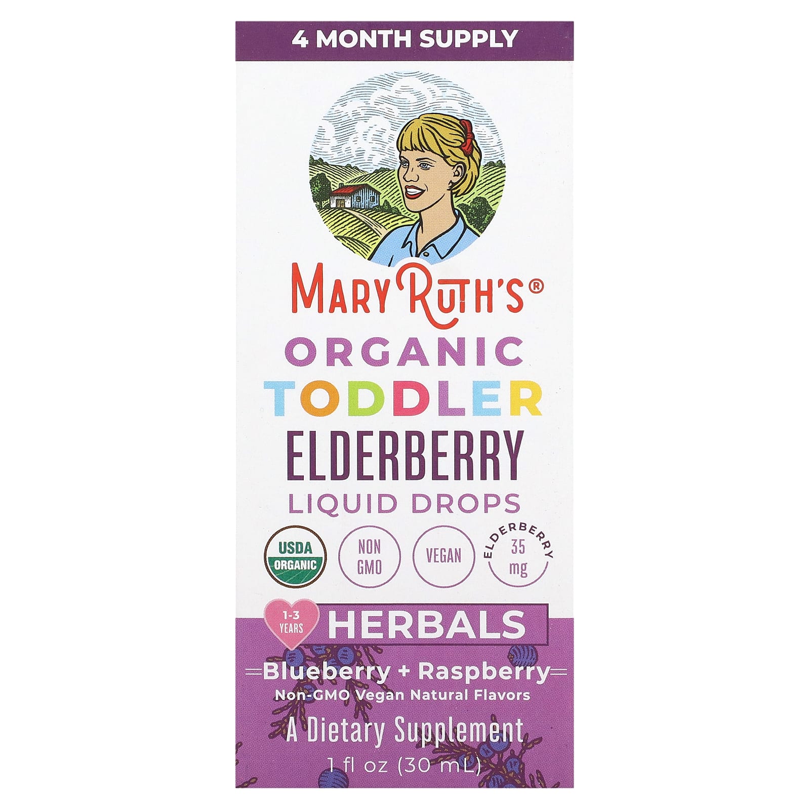 MaryRuth's, Organic Toddler Elderberry Liquid Drops, Blueberry + Raspberry, 35 mg, 1 fl oz (30 ml) - Image 1
