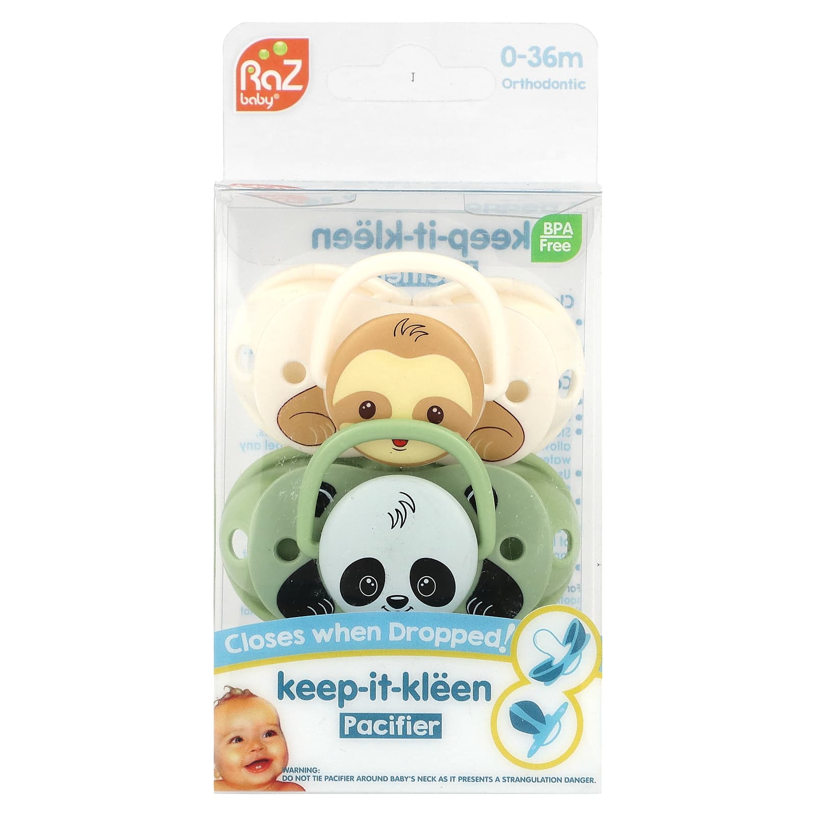 RaZbaby, Keep-It-Kleen Pacifier, 0-36m,  Sloth & Panda, 2 Pacifiers - Image 1