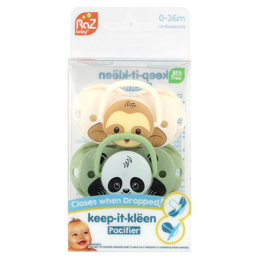 RaZbaby, Keep-It-Kleen Pacifier, 0-36m,  Sloth & Panda, 2 Pacifiers - Image 1