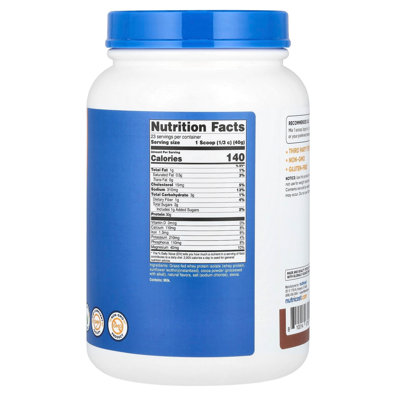 Nutricost, Grass-Fed Whey Protein Isolate, Milk Chocolate, 2 lb (907 g) - Image 2