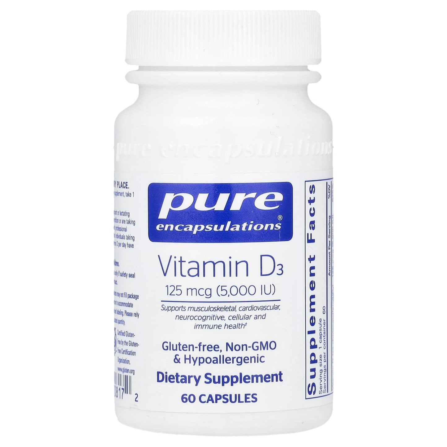 Pure Encapsulations, Vitamin D3, 125 mcg (5,000 IU), 60 Capsules - Image 1