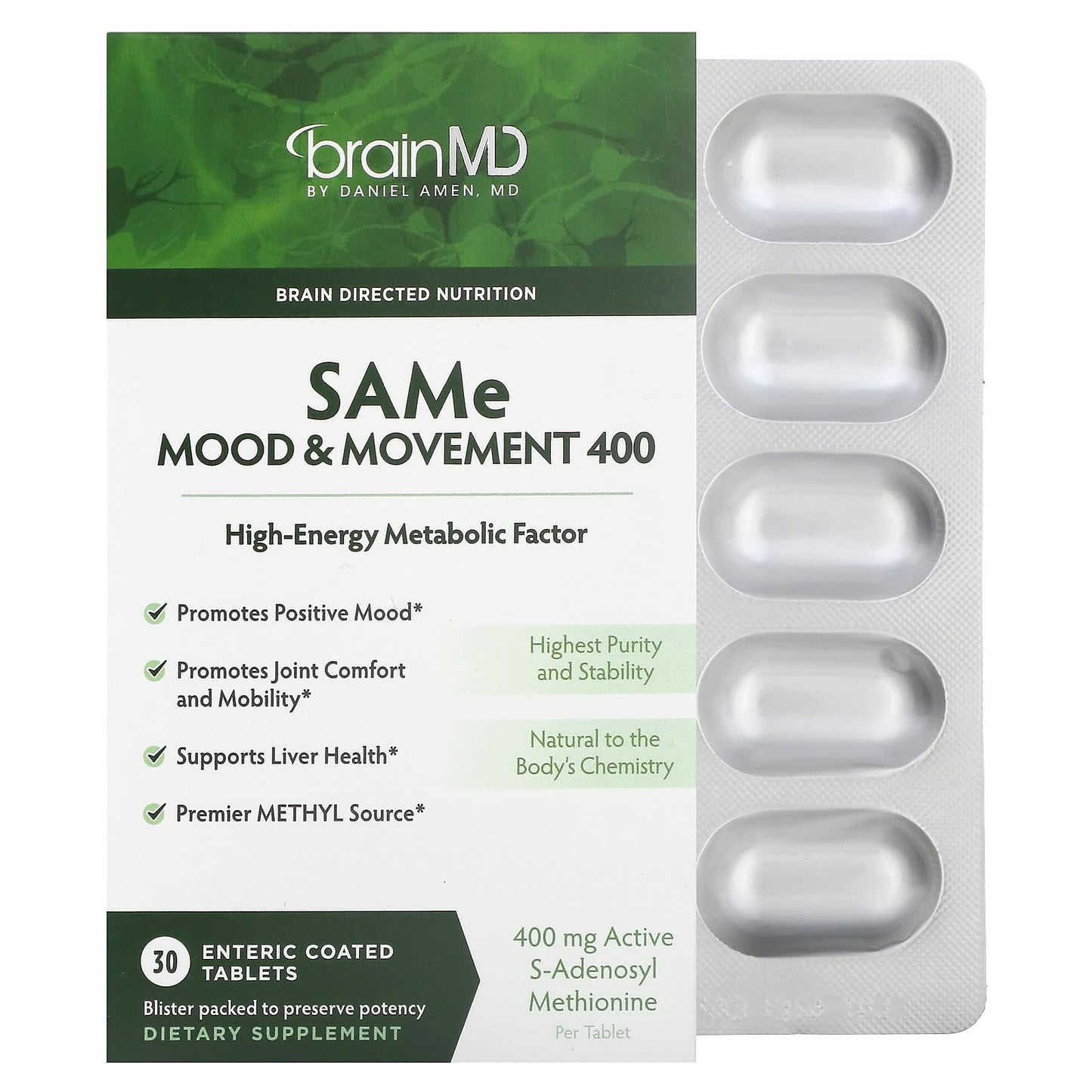BrainMD SAMe Supplements for Mood & Joint Relief 400mg 30 Tablets - Image 1