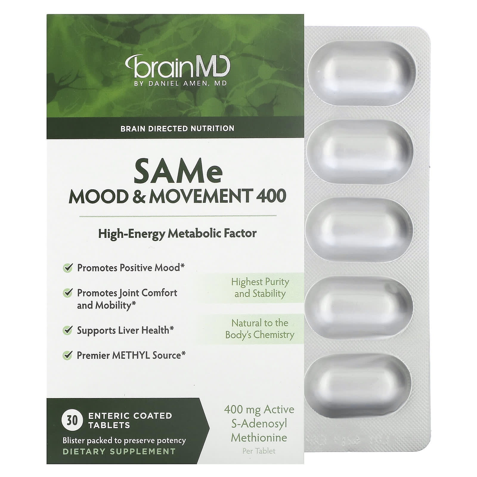BrainMD SAMe Supplements for Mood & Joint Relief 400mg 30 Tablets - Image 1
