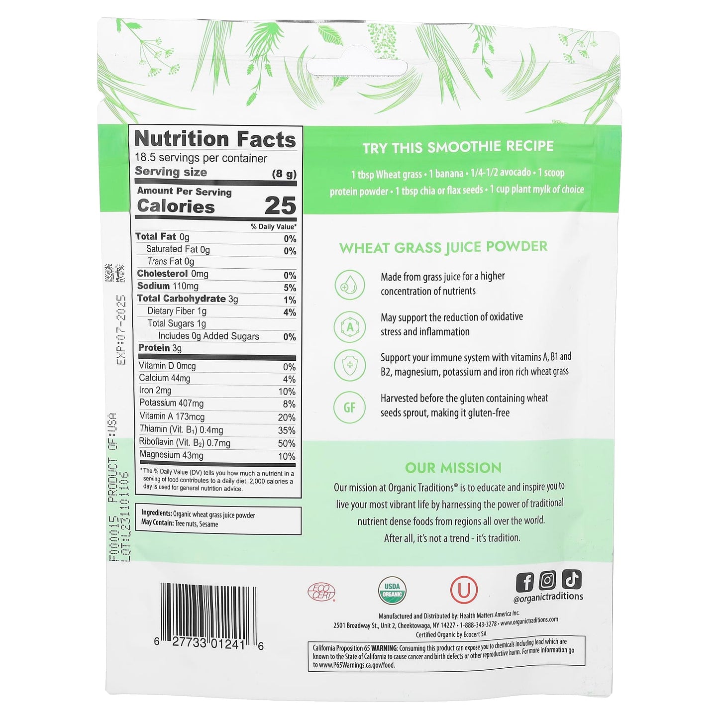 Organic Traditions, Wheat Grass Juice Powder,  5.3 oz (150 g) - Image 2